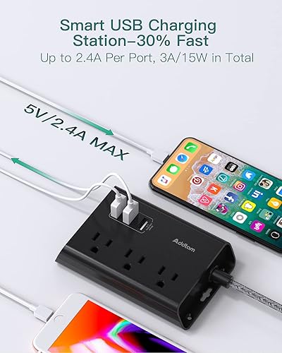 Miniatura 3 de Addtam Tira de alimentación con certificado ETL, cable de extensión de enchufe plano con 3 puertos USB, cable trenzado de 5 pies, regleta de