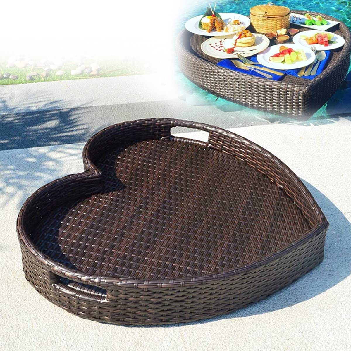 Bandeja de ratán con asa para Servir Desayuno, Bandeja Flotante para Piscina, Bandeja Resistente para Comida, Bandeja Impermeable para Desayuno, té, Fiestas, Bodas, fotografía (café).