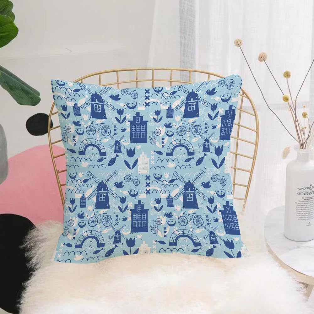 HYOSXW Cushion Cover,Throw Pillow Case Home Decorative for Living Room Bedroom Sofa Chair 16X16 Inch,Dutch, Nature and Architecture elements of the Netherlands in shades of blue, n,Pillowcase 40X40cm