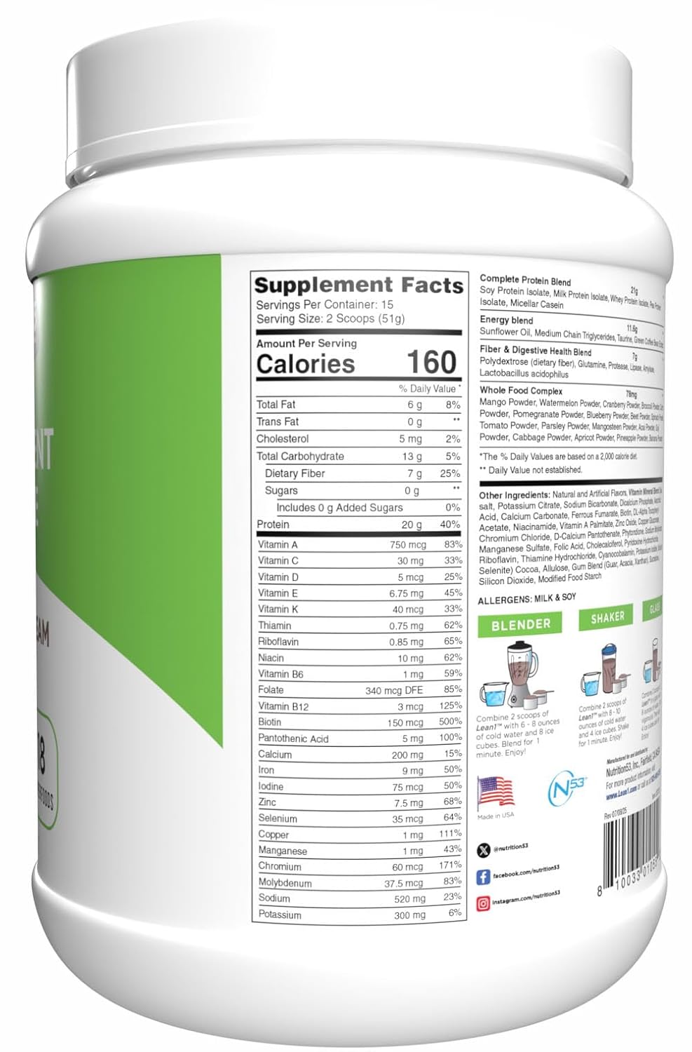 N53 Lean1 Meal Replacement Protein Powder, Cookies and Cream Flavor, 15 Serving tub, No Sugar Added
