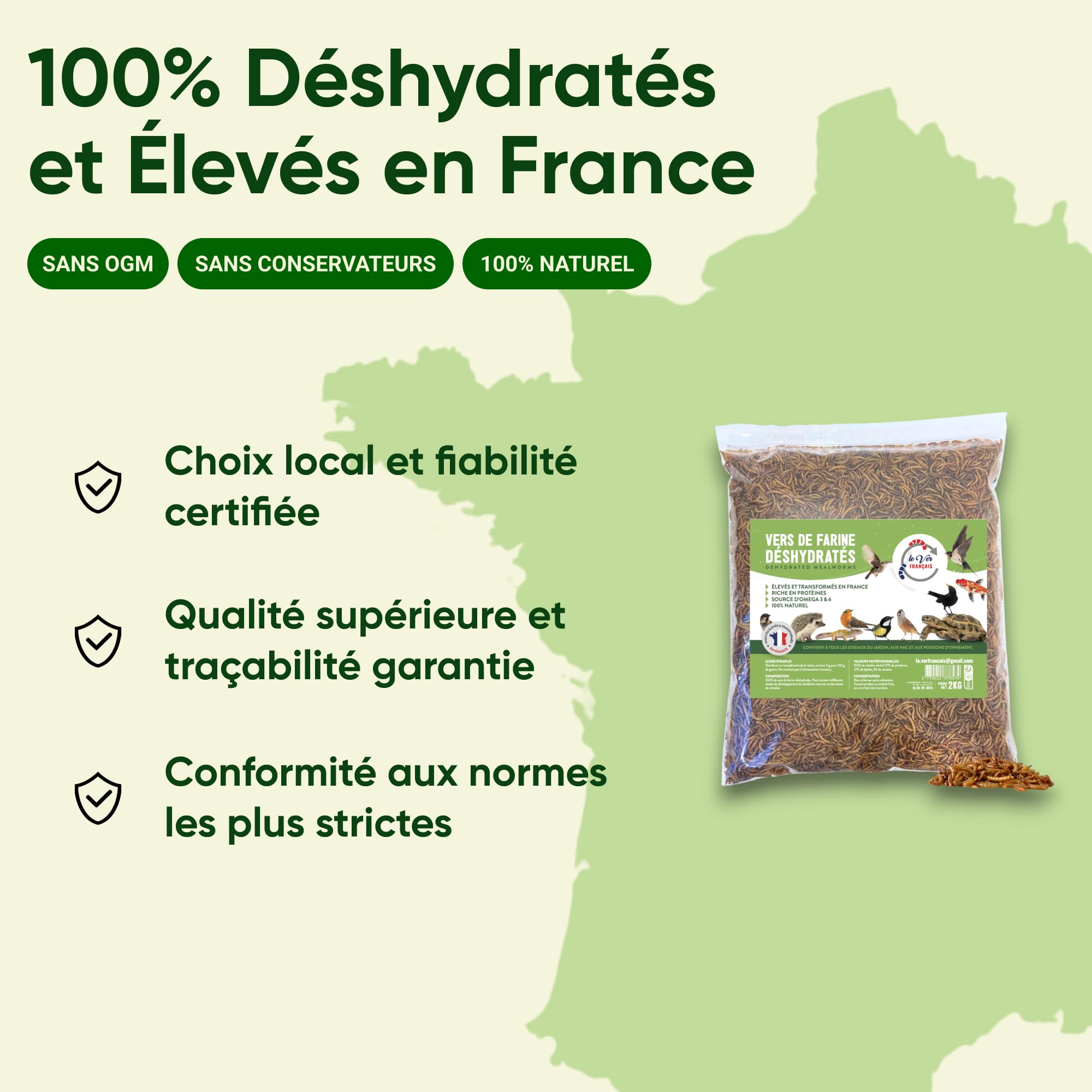 vers de Farine pour Poules 2kg - Élevés Et Séchés en France - Riche en Protéines 55% - Nourriture 100% Naturelle pour Oiseaux, Hamster et Reptiles - Complément Alimentaire Animaux