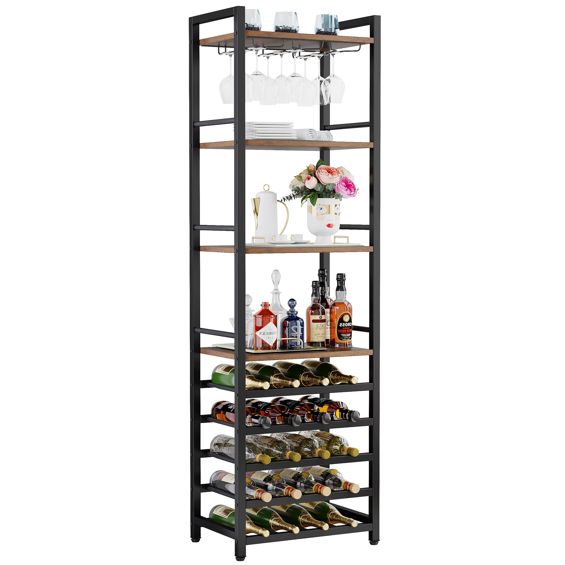 Tribesigns Botellero Vino con Soporte para 20 Botellas, 2 piezas Organizador de Almacenamiento de Vino con Soporte de Copas de Vino,Soporte para Botellero de Madera para Salón,35 x 45 x 180cm (Marrón)