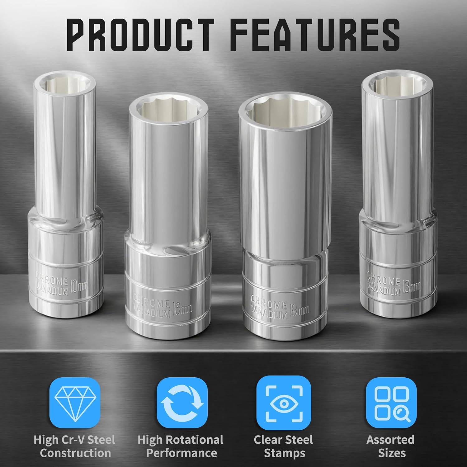 2PCS 32mm(1 1/4") Deep Socket, 1/2-Inch Drive, 12-Point, Metric, Heat Treated CR-V Steel Sockets, Full Polishing, 3.1" Length