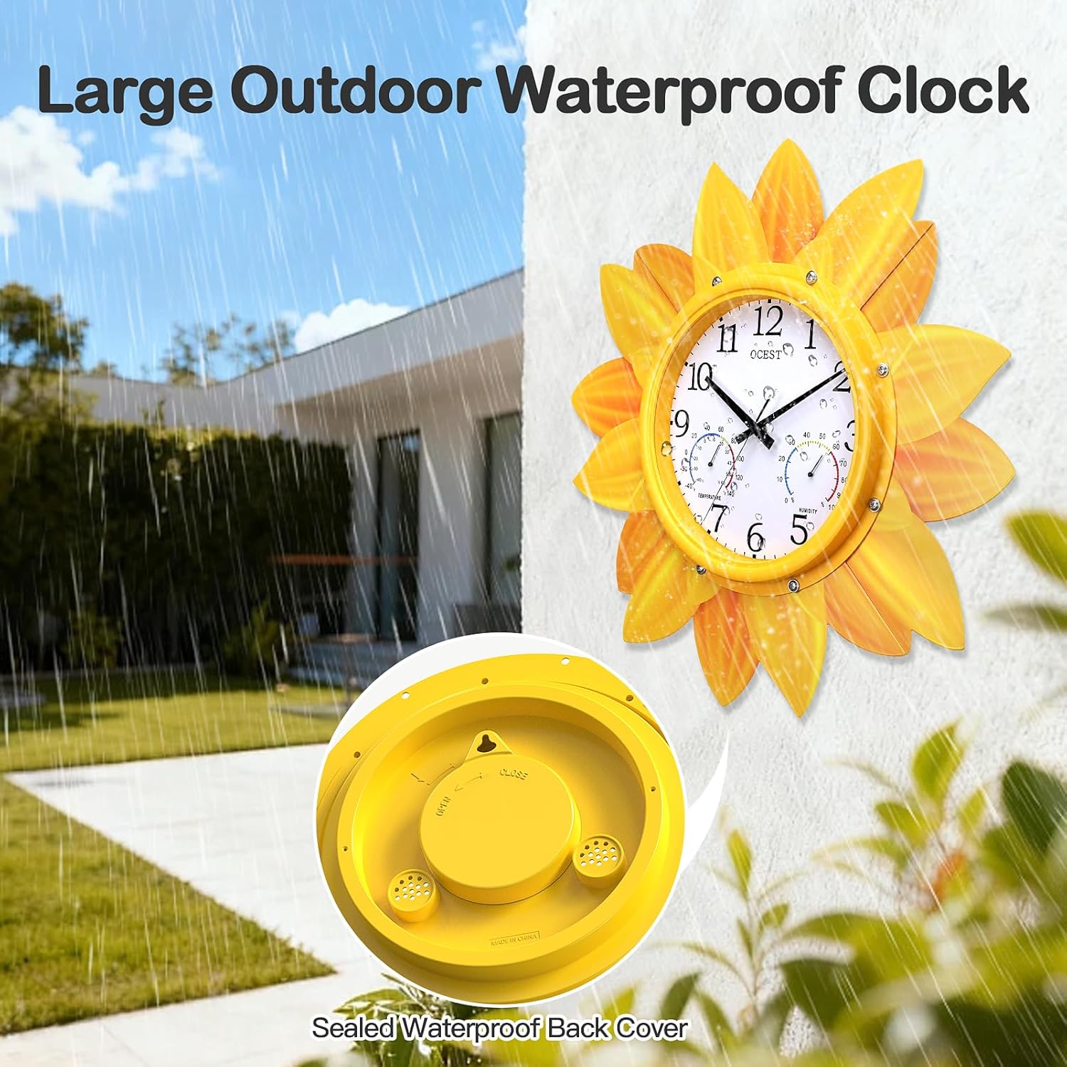 OCEST 24 Inch Sunflower Outdoor Clock Thermometer Hygrometer Combo, Large Metal Decorative wall Clocks with Sealed Waterproof Back Cover, Silent Non-Ticking Battery Operated for Patio Garden Porch