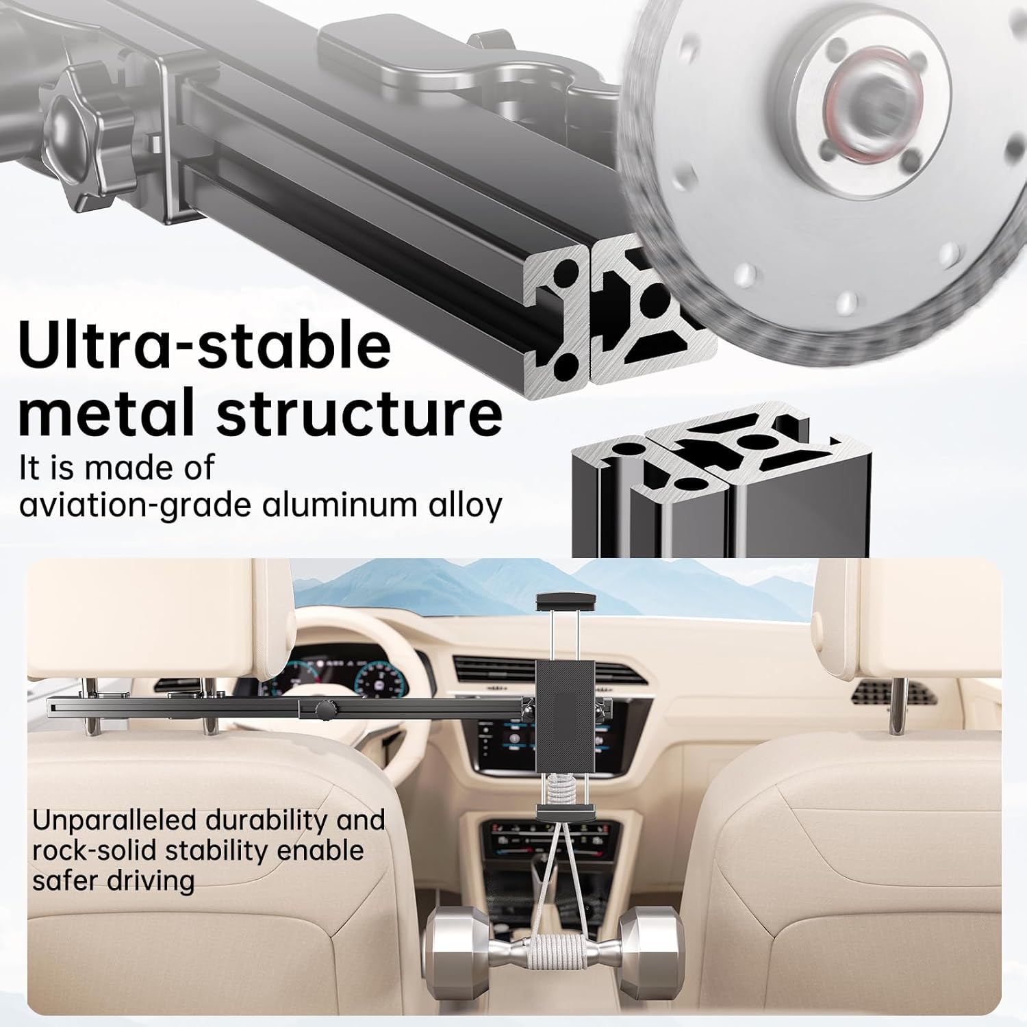 Headrest Tablet Holder for Car Accessories, Crafted from aircraft-grade aluminum，Universal Car Tablet Mount with 22'' Extendsion Arm Car Seat Mount for iPad, Galaxy, Fire HD or 4.7-12.9” Tablets