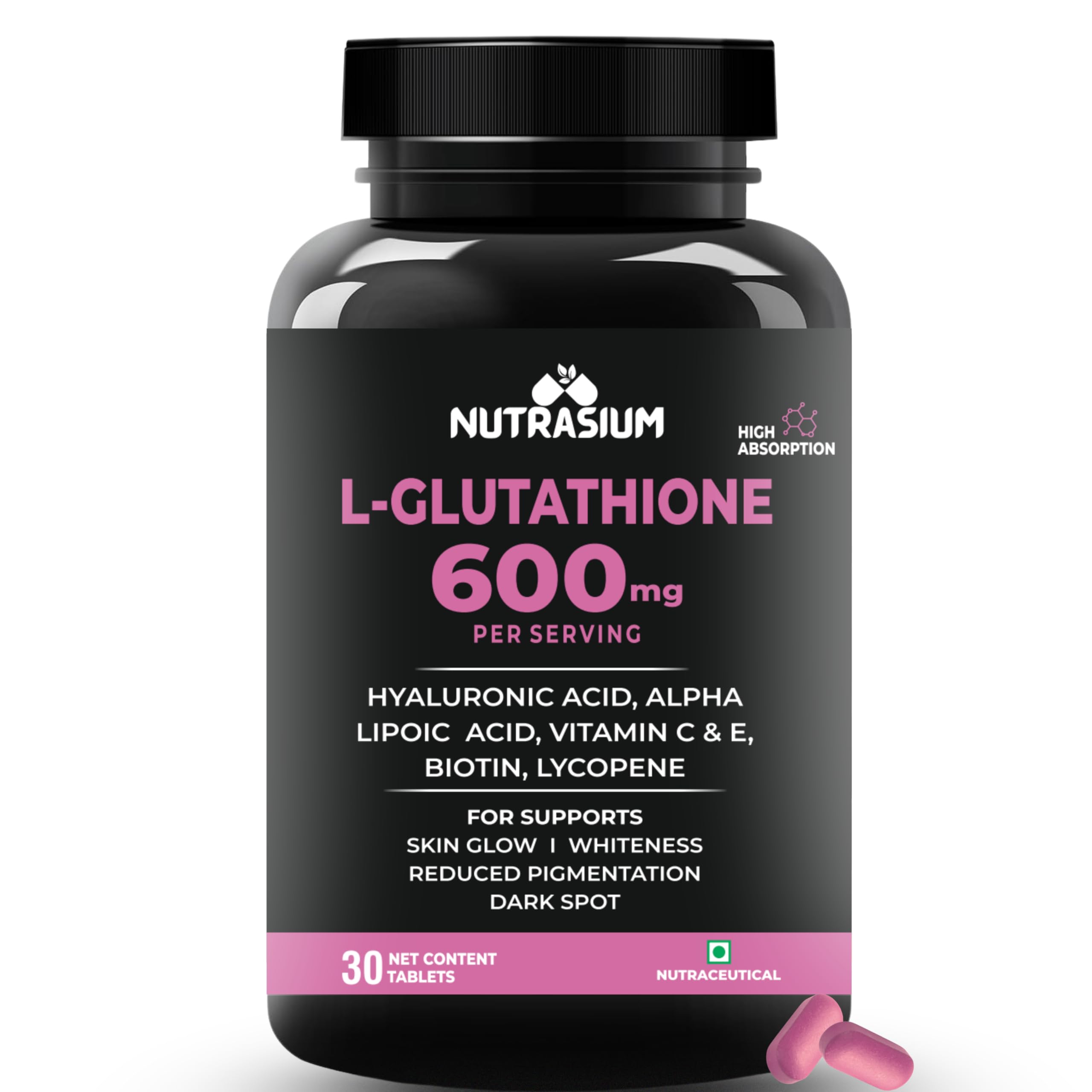 Nutrasium L-Glutathione 600 mg with Hyaluronic Acid & Biotin | For Skin Glow, Whitening, Hydration, & Skin Radiance (30 Tablets)