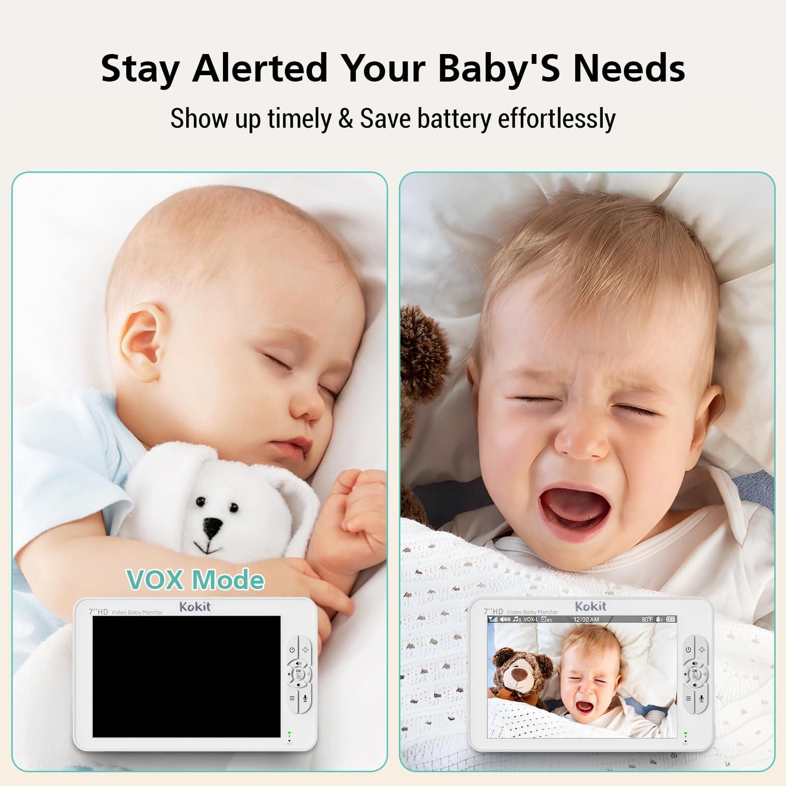 Baby Monitor con fotocamera e audio, monitor video HD 1080P da 7 pollici, senza WiFi, batteria da 5000 mAh, modalità VOX, visione notturna automatica, a prova di hacking, PTZ remoto