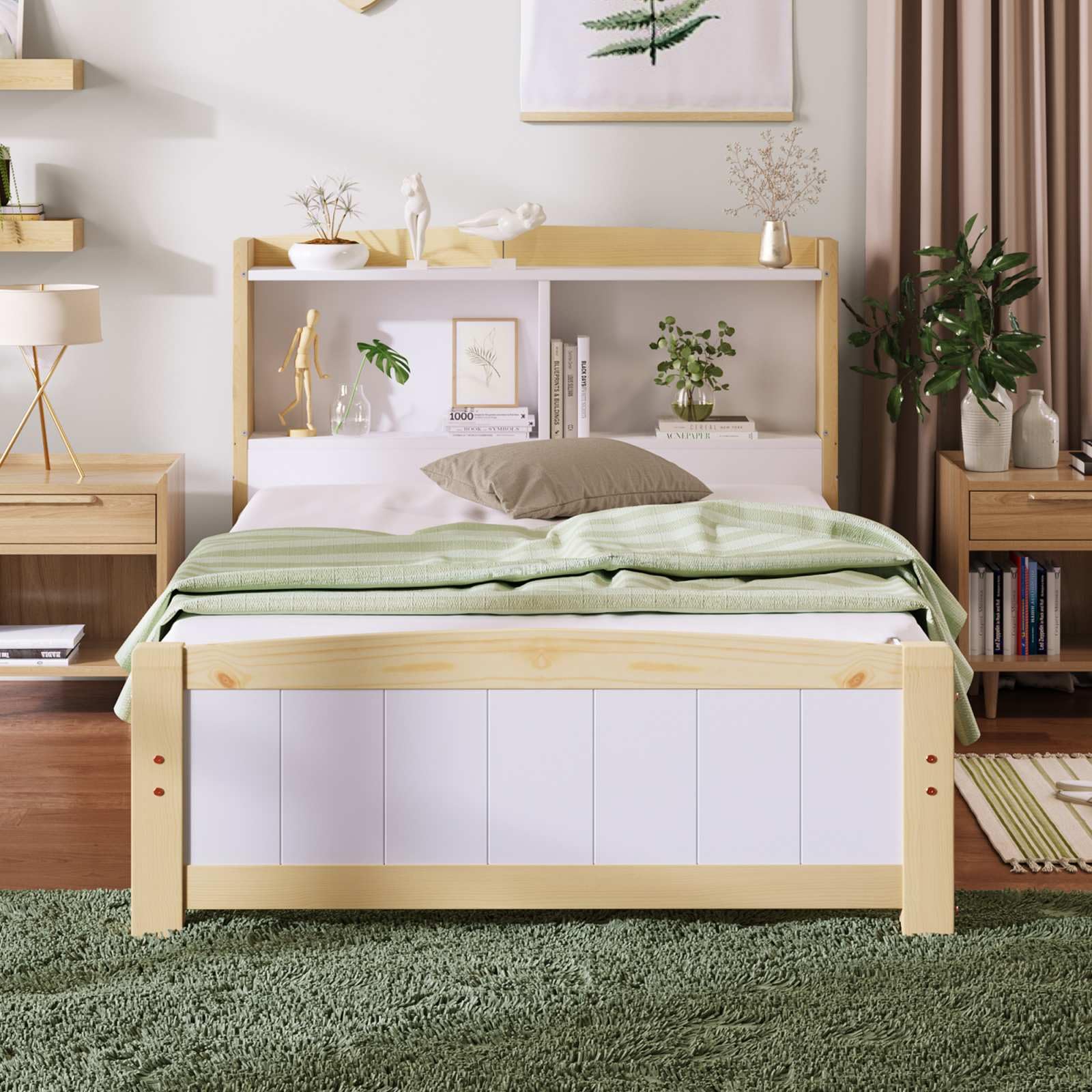 KOMHTOM Simple Lit en Bois avec Tête de lit de Rangement Cadre de lit Plateforme avec Sommier à Lattes pour Enfant, Adolescents(sans Matelas) (A, 90x200 cm)