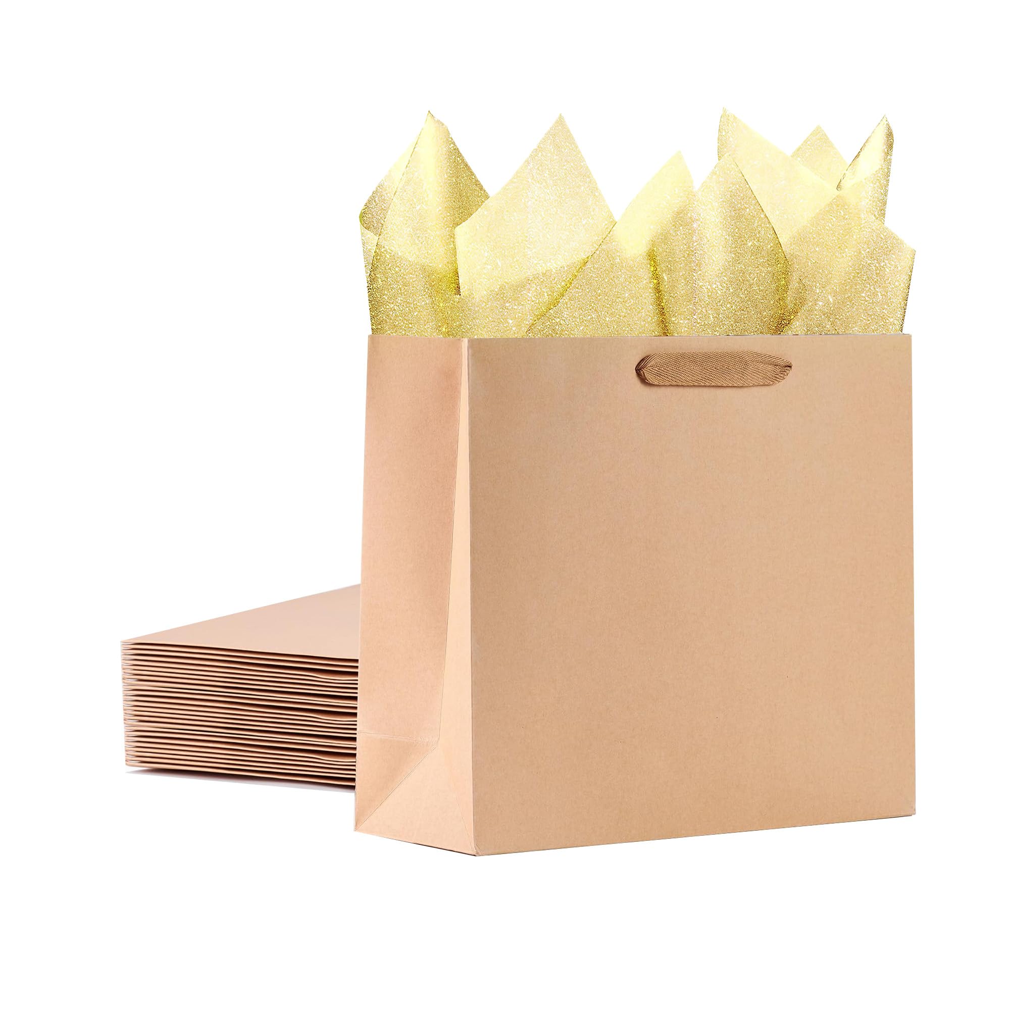 SHIPKEY 12 dużych brązowych torebek prezentowych, torebki typu kraft ze złotym papierem, 32 x 11,5 x 28 cm, papierowe torebki z uchwytami, 12 szt