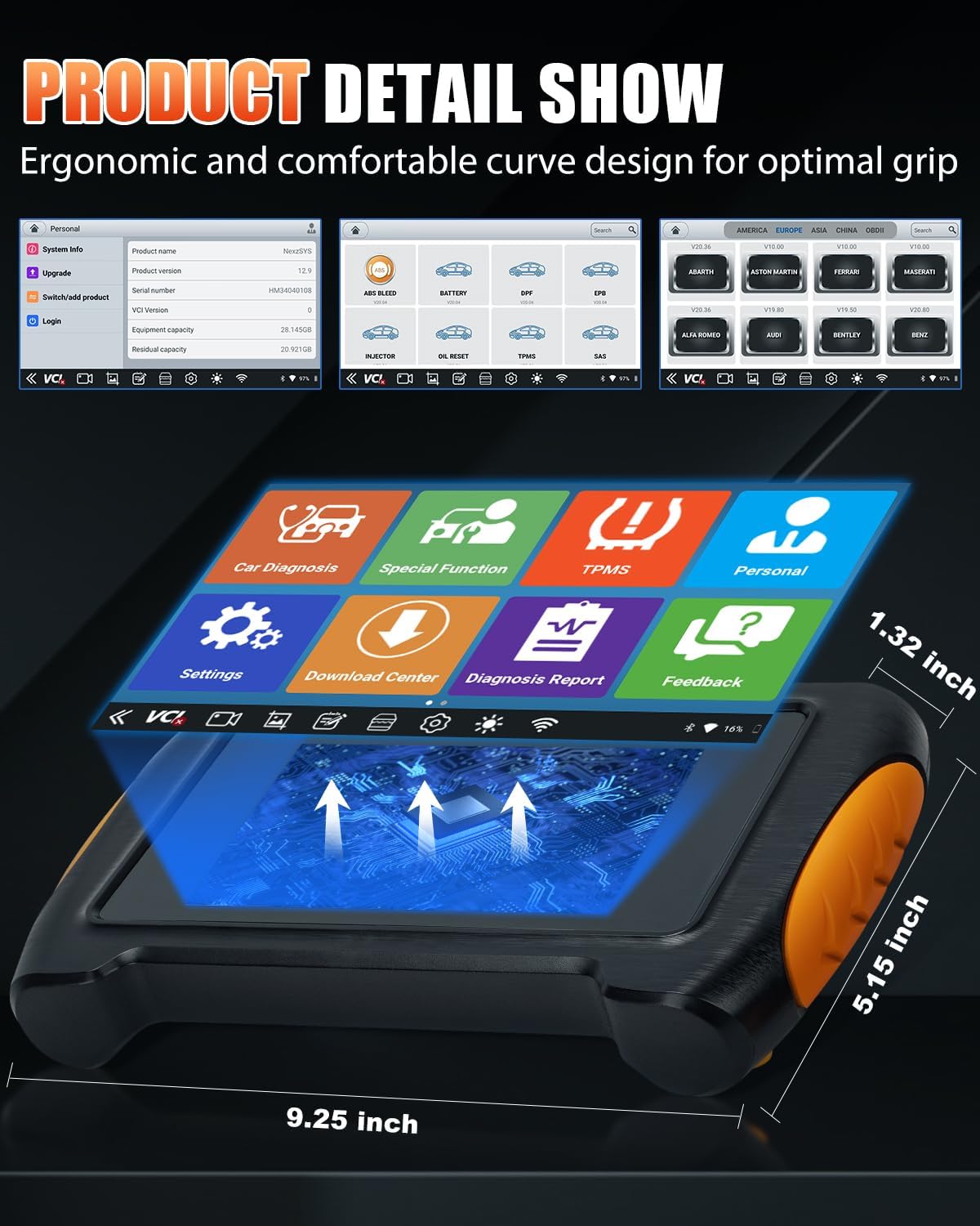 Dimensions of the HUMZOR NP716 diagnostic tablet