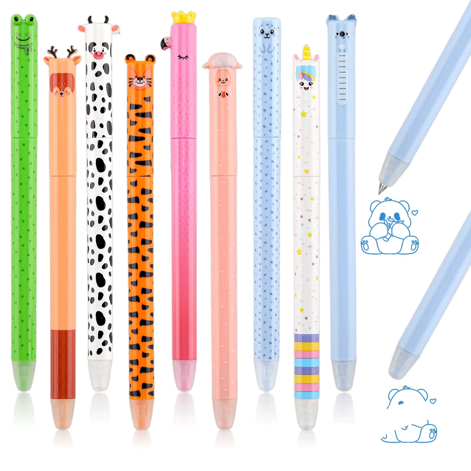 9 penne gel cancellabili a forma di animale con punta da 0,7 mm, inchiostro blu, penne gel per scrittura fluida, riscrivibili, set di penne termiche per scuola, ufficio, appunti, cancelleria