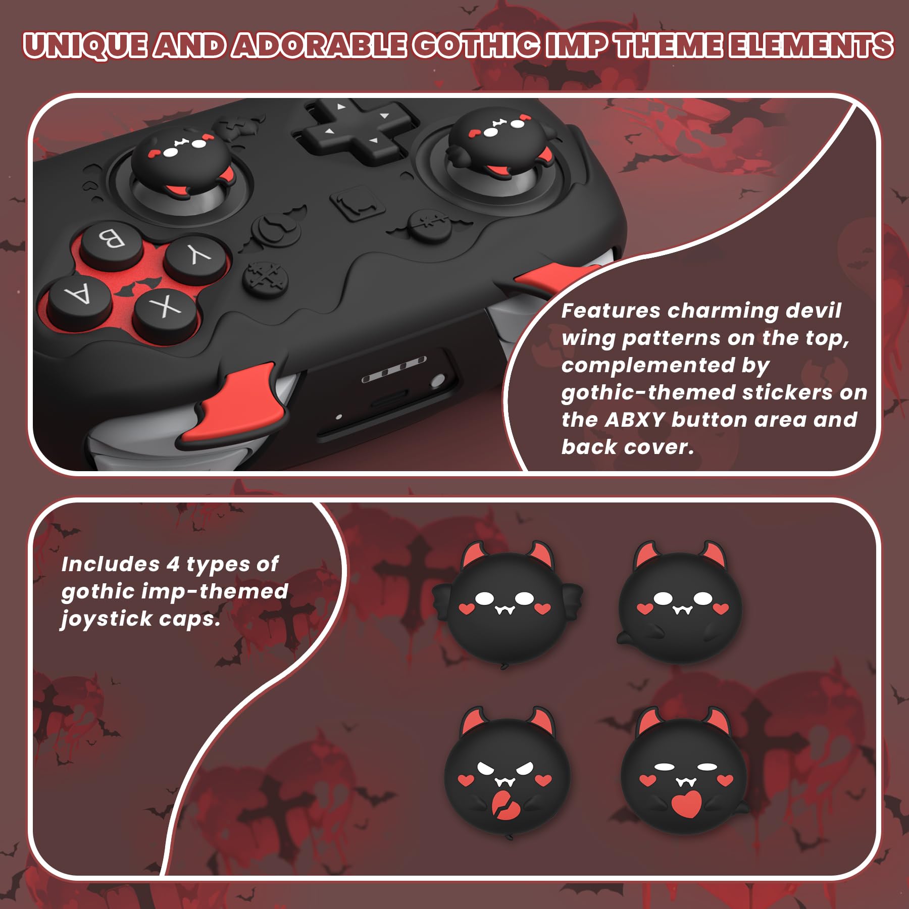 PlayVital Funda de Silicona para Nintendo Switch 2 Pro Mando - Carcasa Protectora con Tapas de Botón Trasero & Thumb Grips & Stickers, Antideslizante y Antigolpes - Diseño Gótico (Negro)