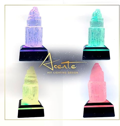 Miniatura 2 de ASENTE Torre de cristal de selenita de 4 pulgadas con soporte de luz, base iluminada para visualización de cristal de energía positiva, energía