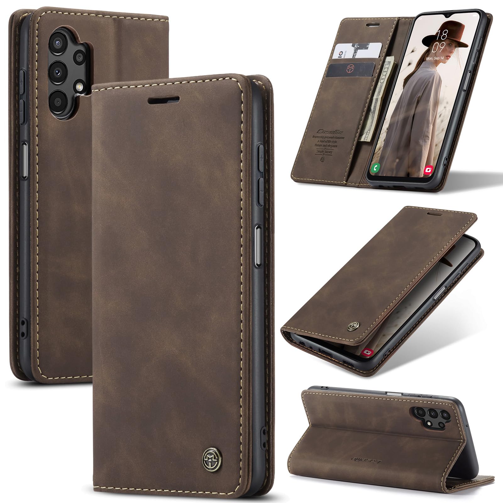 Azororo Cover per Samsung Galaxy A13 4G/5G, Premium PU Pelle Custodia, Magnetica Carta Fessura Portafoglio Case, Flip Cavalletto Custodia per Samsung Galaxy A13 - Caffè