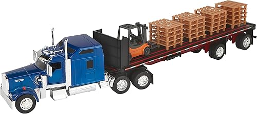 Réplica de camión fundido a presión - W900 de plataforma plana con carretilla elevadora, escala 1:32, modelo # SS10263A