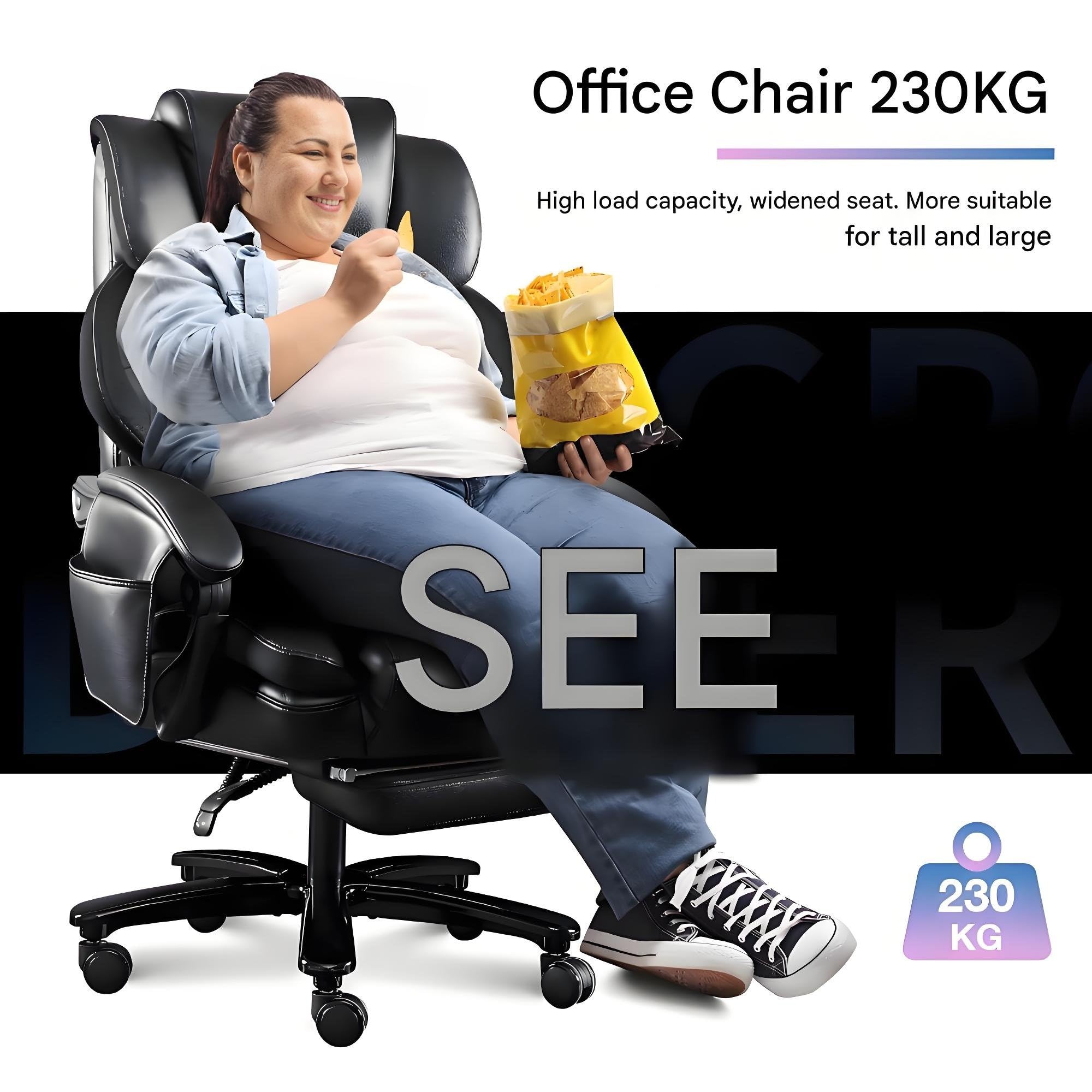Wytrzymały czarny fotel biurowy, nośność 230 kg, z funkcją masażu, ergonomiczny duży fotel biurowy, regulowane oparcie, z pedałem i poduszką na talię, obrotowy fotel skórzany