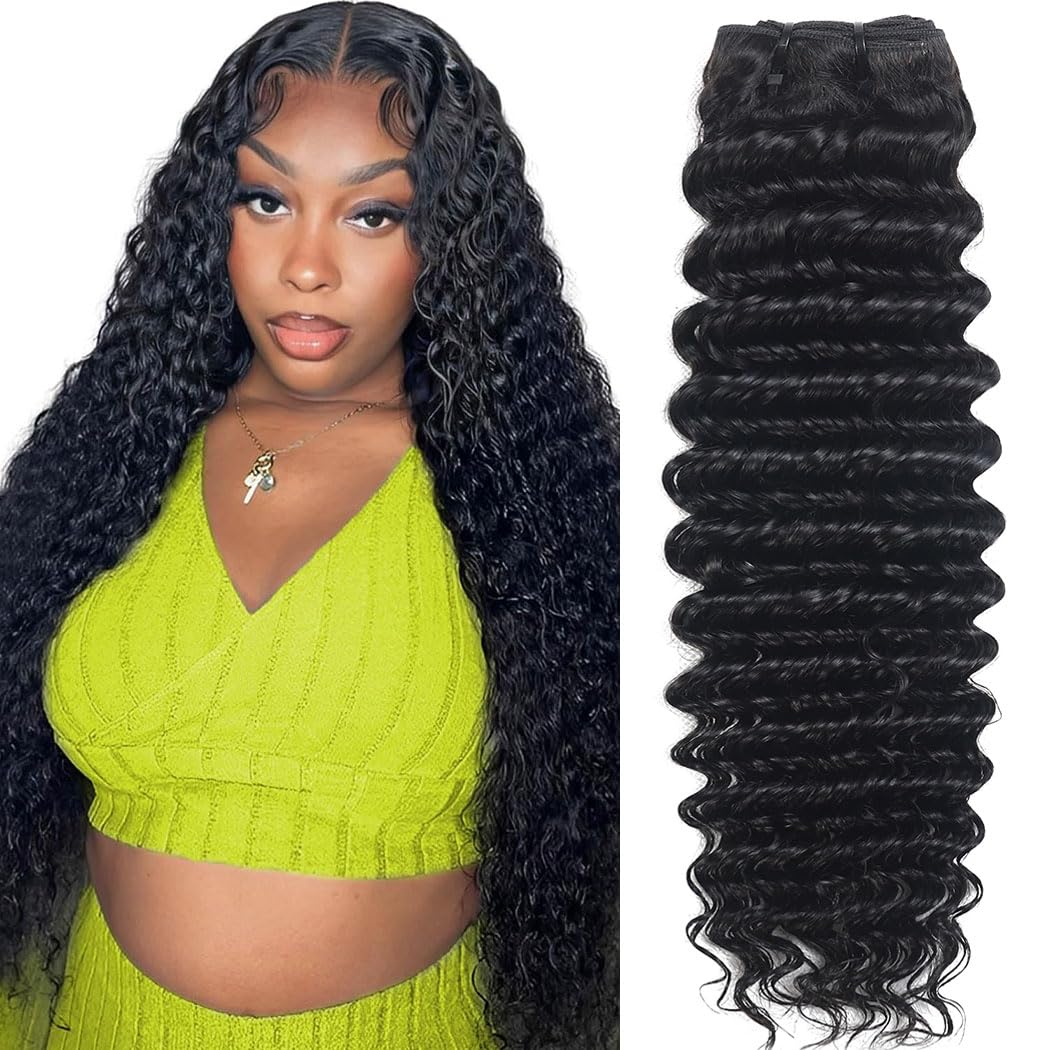 12A Deep Wave Bundles Human Hair 30 Inches, 100% Unprocessed Indian Human Hair Bundles Wet and Wavy Raw Virgin Hair One Bundles Deal Curly Weave Bundles(Natural Color, 30 Inches)