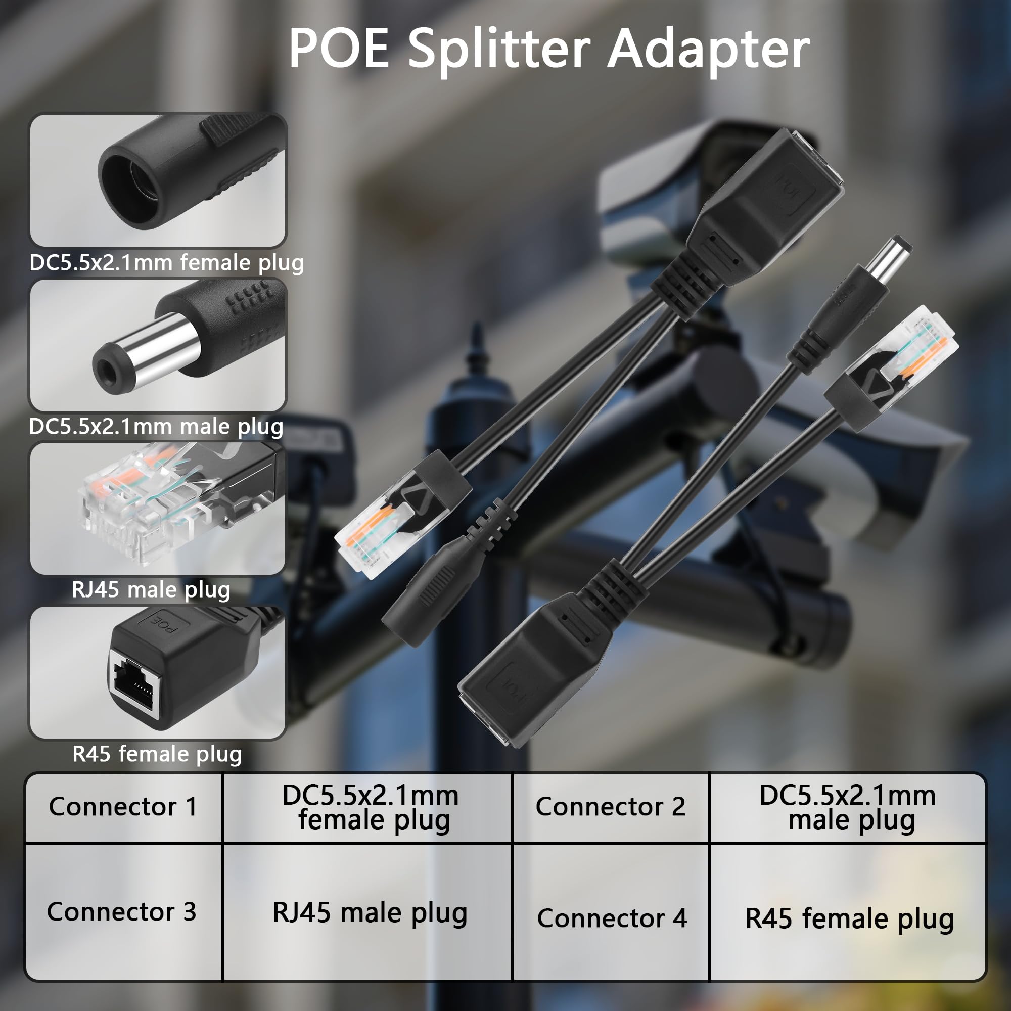 GINTOOYUN 1 Pair of POE Splitter Adapter DC3-57V 100Mbps DC5.5x2.1mm Male and Female Plug Set POE Power Over Ethernet Spliter for Security Cameras,CCTV Monitoring,IP Cameras,etc(6.3 Inch)