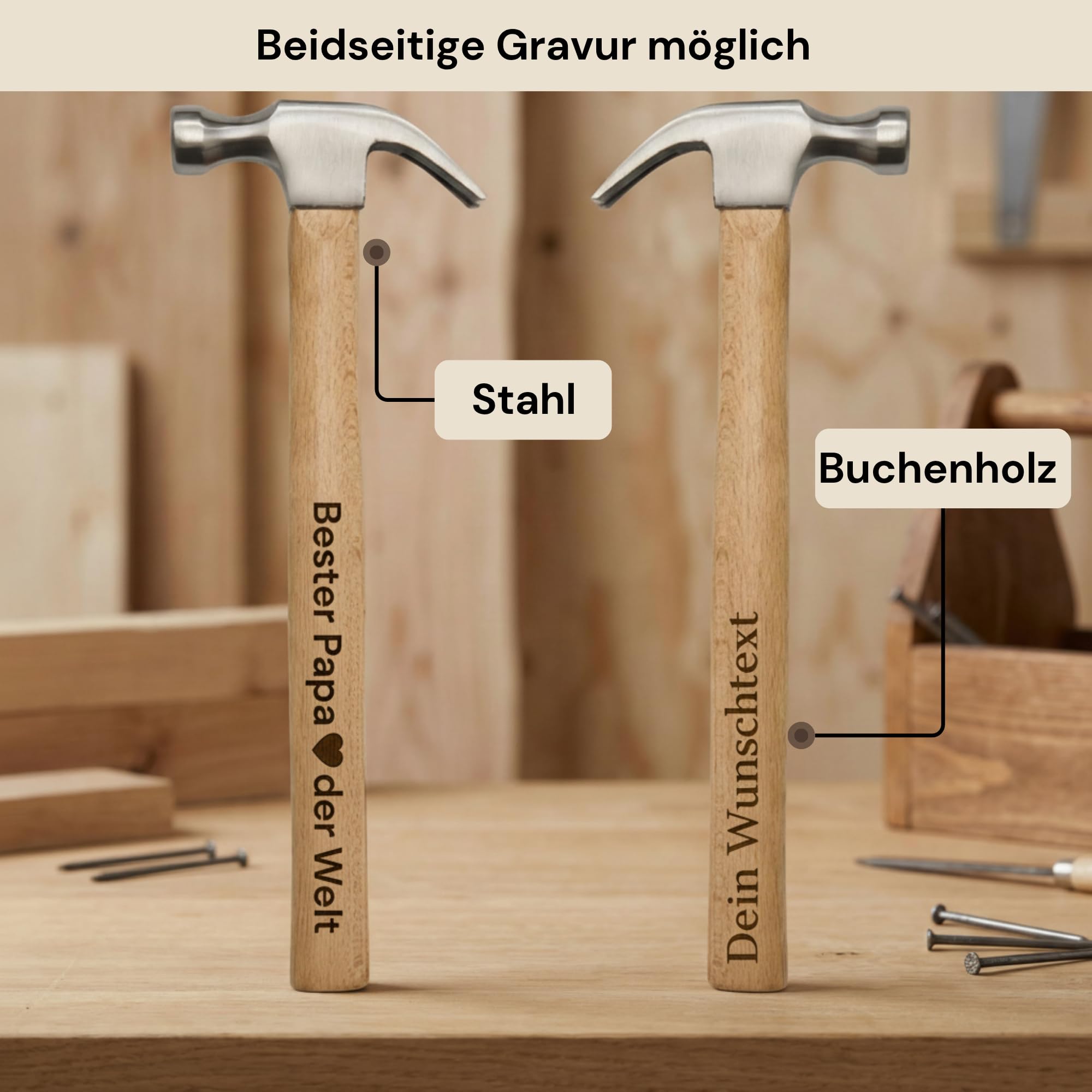 Smarteon Personalisierter Hammer mit Gravur – Hammer personalisiert mit Namen oder Botschaft – Vatertagsgeschenk für Papa, Geschenk für Handwerker, personalisiertes Werkzeug Geschenk