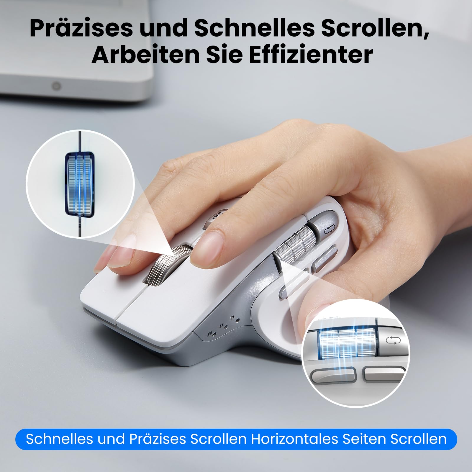Mouse Bluetooth senza fili, ergonomico, ricaricabile, silenzioso, con funzione multi-device, DPI regolabile, Flying Scroll & Pollice, Mouse Bluetooth per laptop, computer, tablet (bianco)