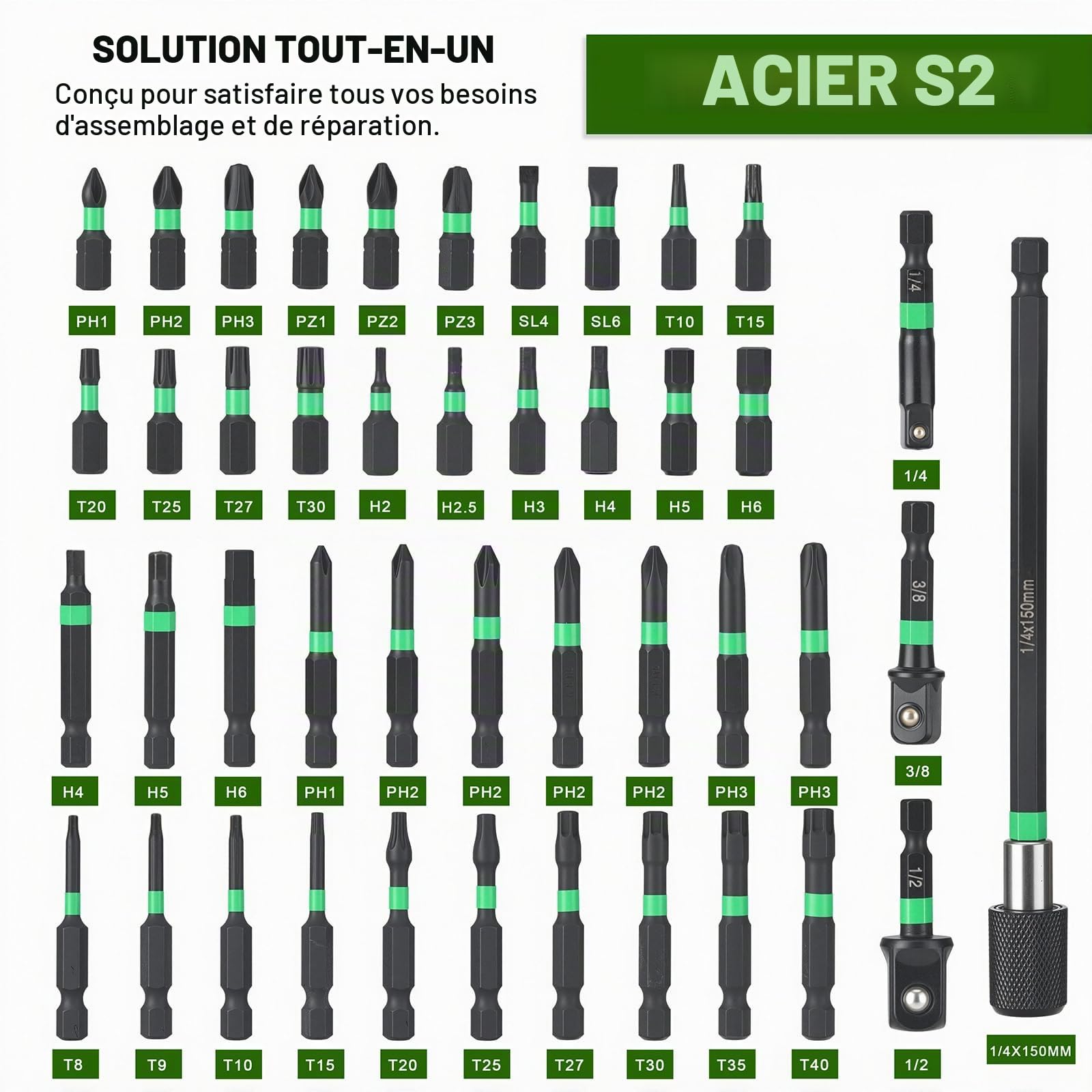 AEROFORCE Ensemble de 74 pièces de tournevis magnétiques avec embouts, ensemble d'embouts à choc avec tige hexagonale de 1/4", tournevis SAE et métriques en acier Cr-V avec embouts à aile, adaptateurs