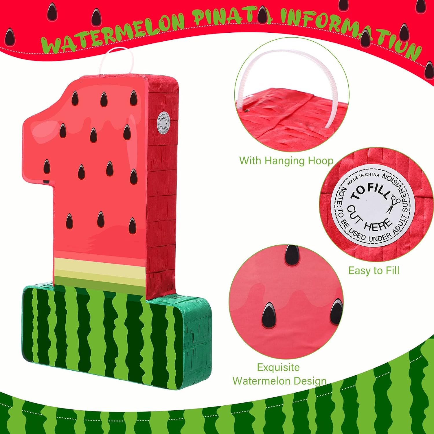 Hollowfly Watermelon Piñata Fruit Number 1 Red Watermelon 1st Birthday Piñata with Bat Stick Blindfold Mask Confetti for Summer Theme Summer Birthday Party Supplies (1)