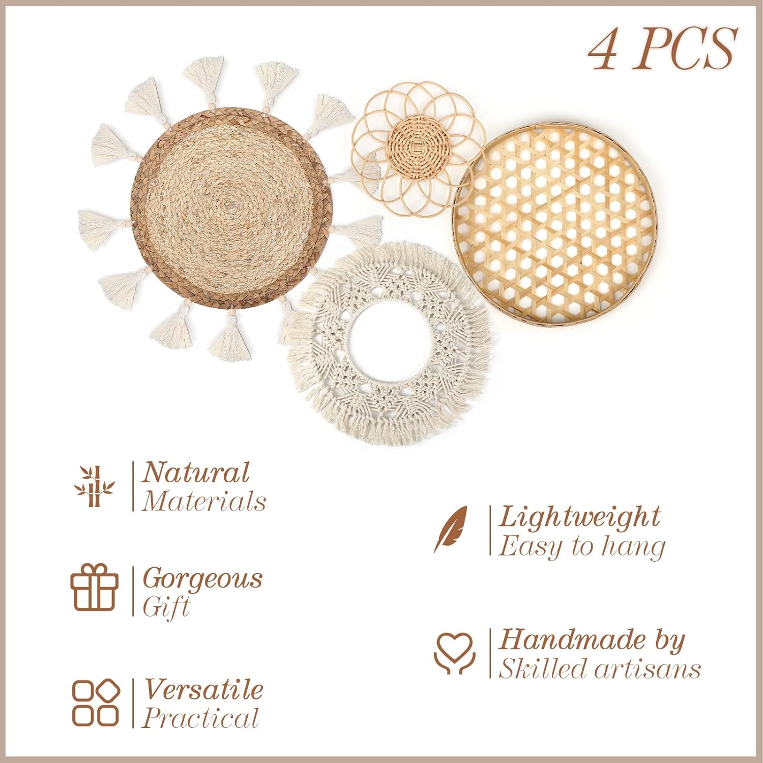 Set of 4 Boho Wall Basket Decor Wall Hanging Rattan Macrame Decor Flat Round Wicker Woven Macrame Tassels Tapestry Bamboo Wall Basket Handmade Serving Tray Art for Room Bedroom Living Room