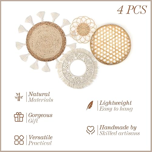 Miniatura 2 de Juego de 4 cestas de pared bohemias para colgar en la pared, decoración de macramé de ratán, redondas, planas, redondas, de mimbre, borlas de