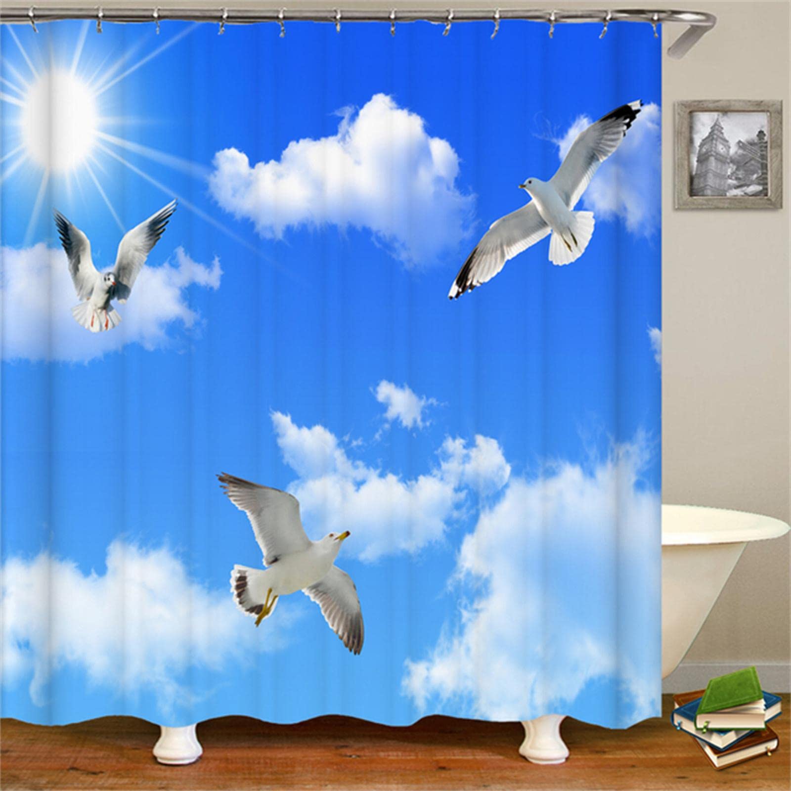 Amazon｜シャワーカーテン、空の鳥シャワーカーテンセット、12フック