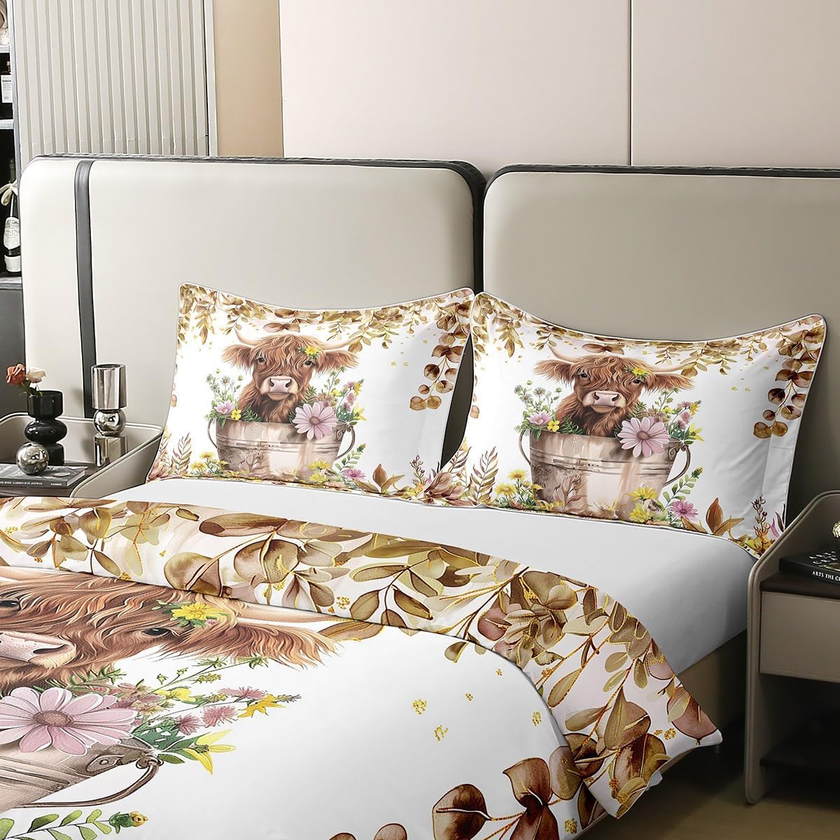 Erosebridal Highland Cow Bedding Set King Rustic Farmhouse 100% Cotton Duvet Cover Brown Boho Eucalyptus Leaves Comforter Cover for Kids Boys Girls Adults Floral Farm Animal Print Bed Set 3 Pcs