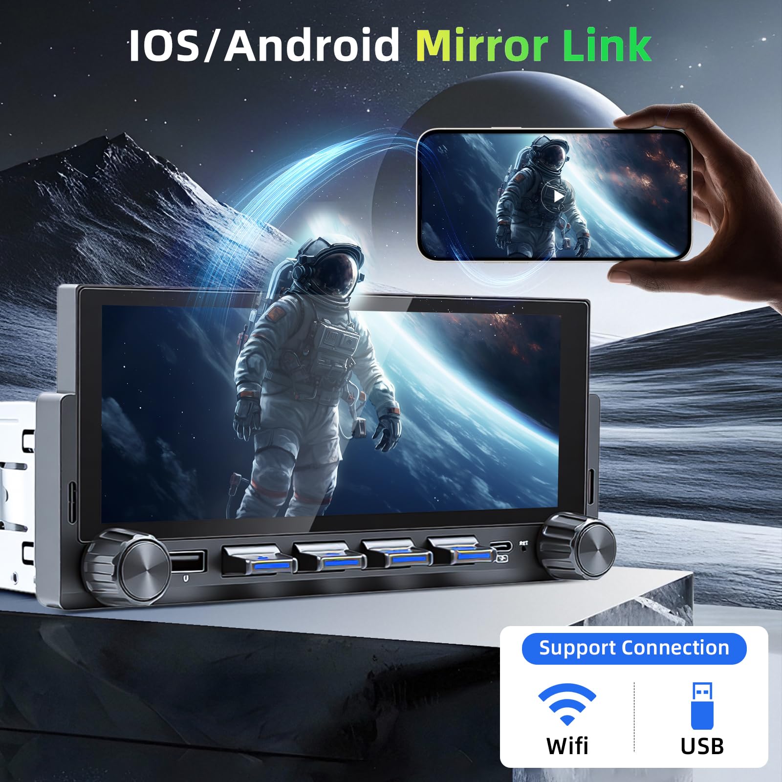Autoradio 1 DIN mit Wireless CarPlay & Android Auto, 6,86-Zoll HD Touchscreen Auto Display, Mirror Link, Bluetooth, GPS Navigation, FM, EQ, Freisprecheinrichtung, Rückfahrkamera, USB, Type-C
