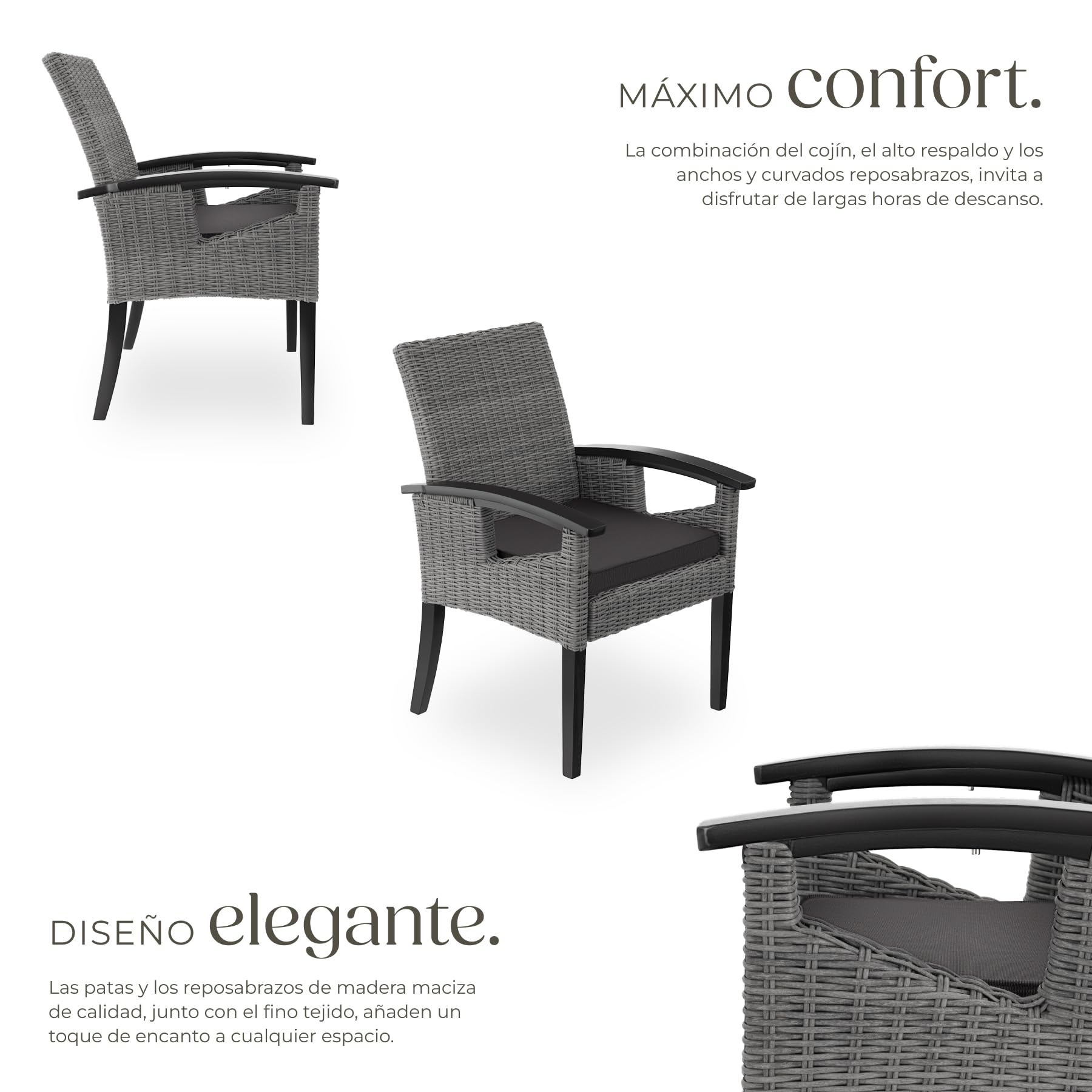 tectake® Silla de Ratán con Patas y Reposabrazos en Madera, Muebles Jardín Exterior Resistentes a la Intemperie, Silla para Conjunto Jardín Exterior, Cojín Lavable y Extraíble, Fácil Montaje - Gris
