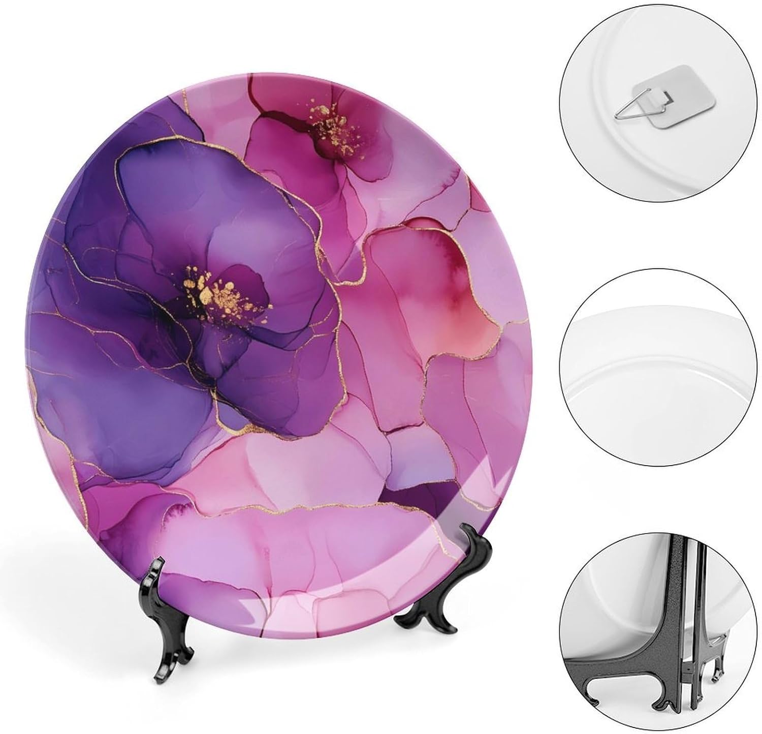 Marble Tie Dye Gradient Bone China Decorative Plate with Stand Home Dessert Plates Gift for Men Women 7inch