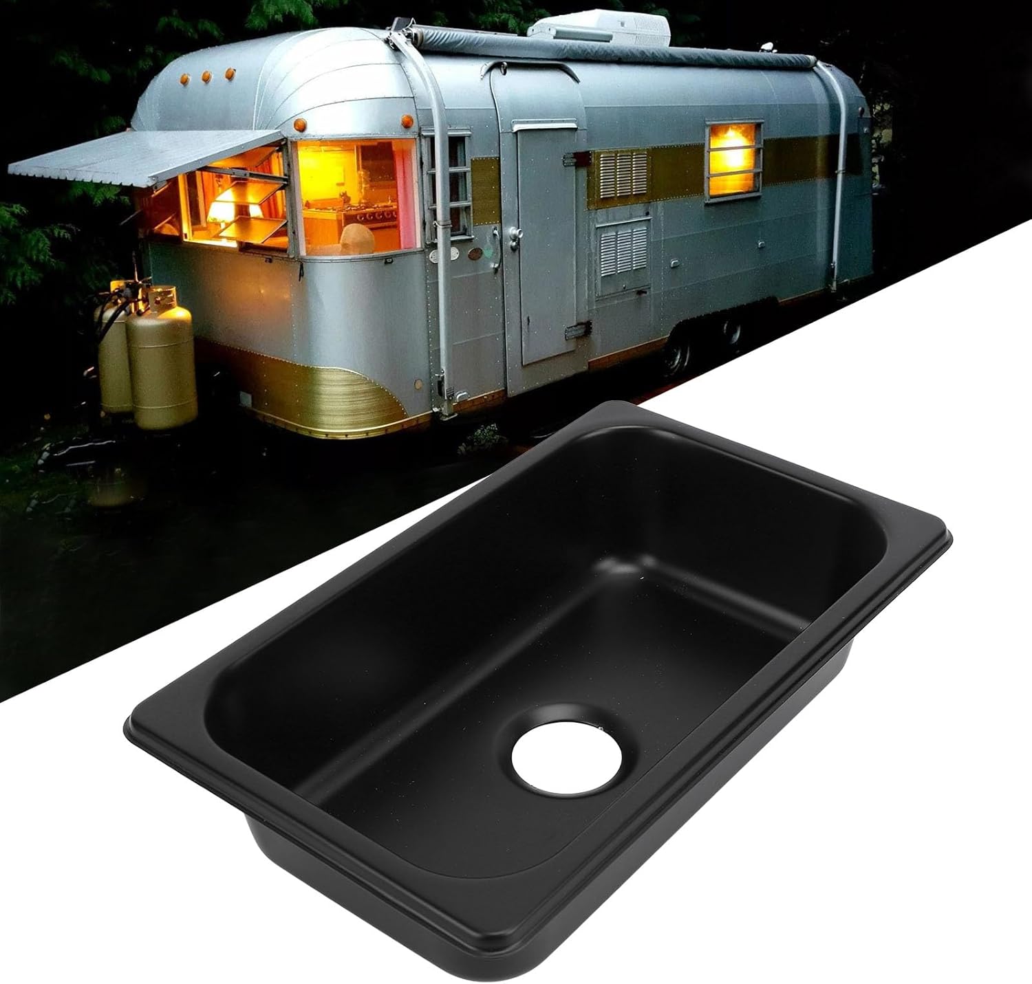 Stainless Sink, RV 304 Kitchen Rectangular Hand Wash Basin Sink with 40mm Sewer Outlet for Boat Caravan Yachts Boats (Spray Black GR‑1465B)