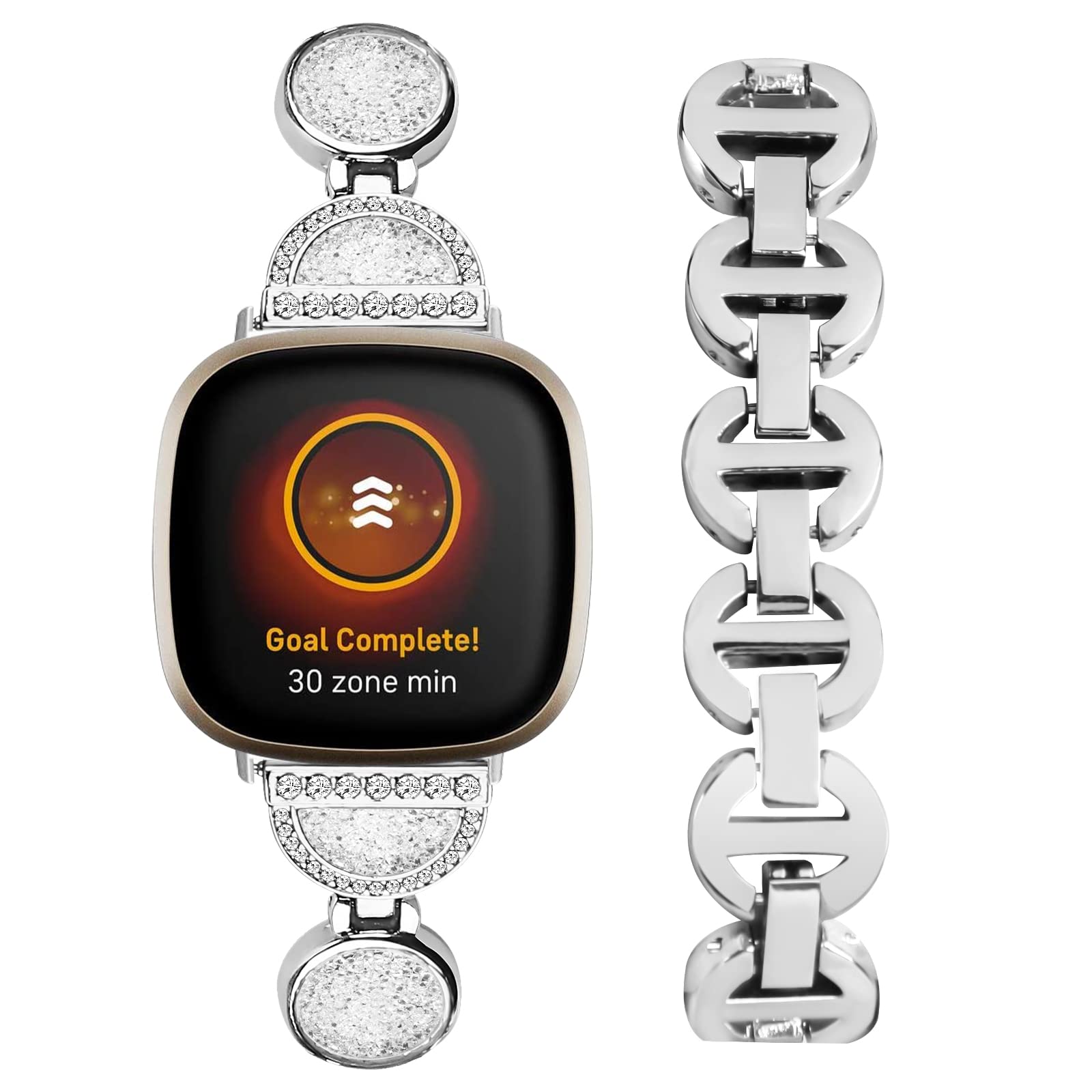 LAZIRO Watch Strap Compatible with Fitbit Versa 4/Sense 2, Fashion Metal Strap with Unique Circular Quicksand Design Free Adjustable Buckle Watch Band for Fitbit Versa 4 /Fitbit Sense 2 - Silver