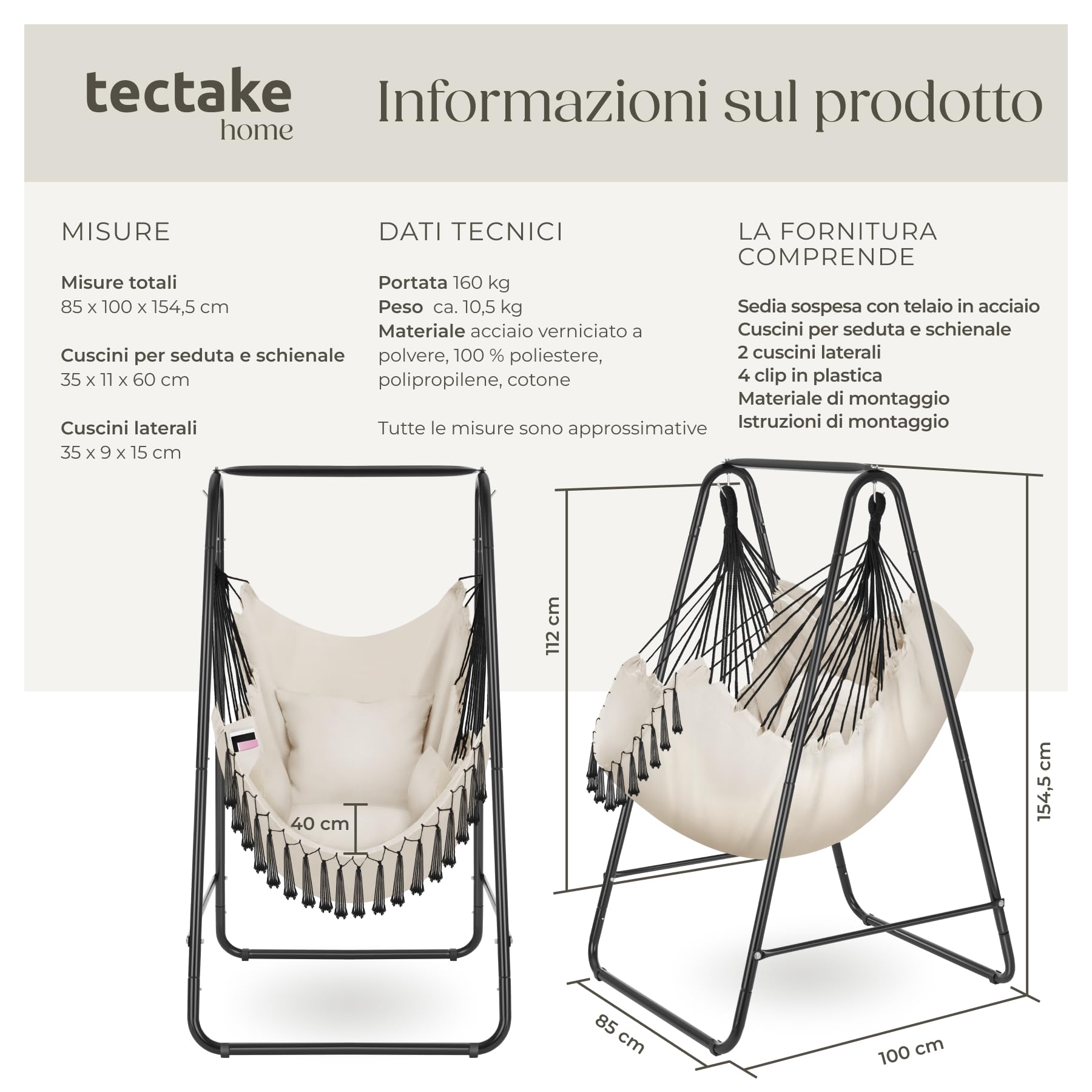 tectake® Poltrona Sospesa Boho con Cuscini, Tasca Laterale, Tessuto Misto Cotone-Poliestere, Telaio in Acciaio, Capacità 160 kg, Arredamento Casa e Giardino, per Interni ed Esterni - Beige