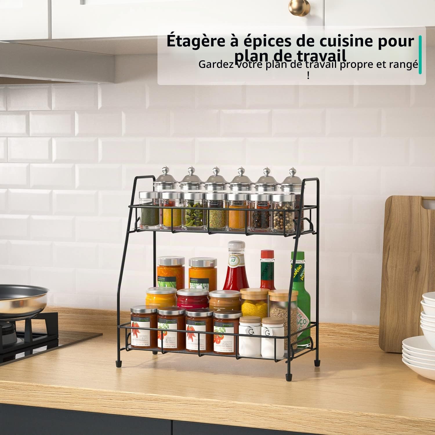 Étagère à Épices Cuisine, Porte-Épices en Métal, Rangement Epices Cuisine pour Comptoir,Noir