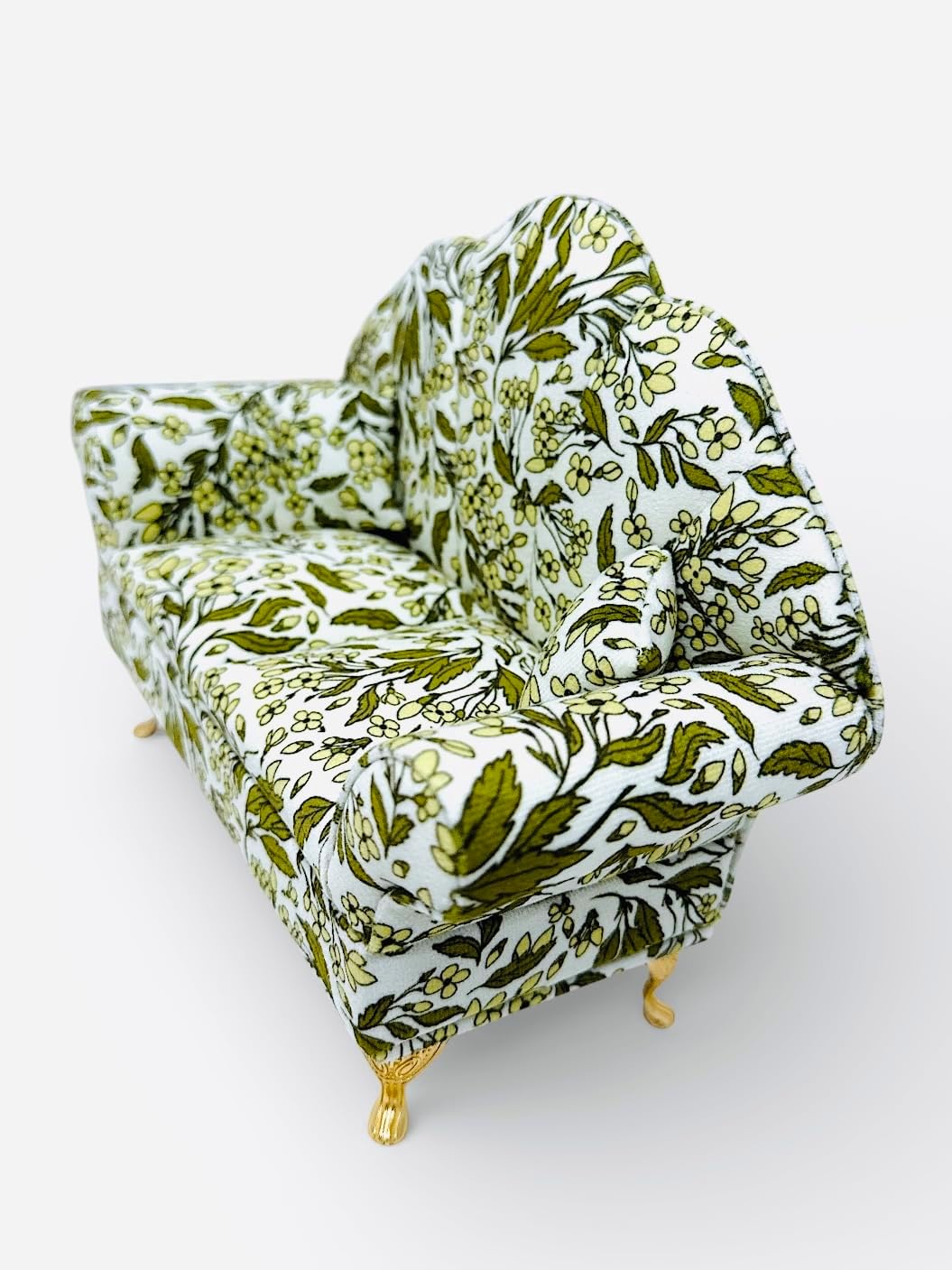 Jewelry Box- Keepsake- Small Upholstered Soft Velvet Mini Sofa, Vintage Green/Mellow Floral Toile Fabric, Decorative Accent Furniture, Dollhouse Scale