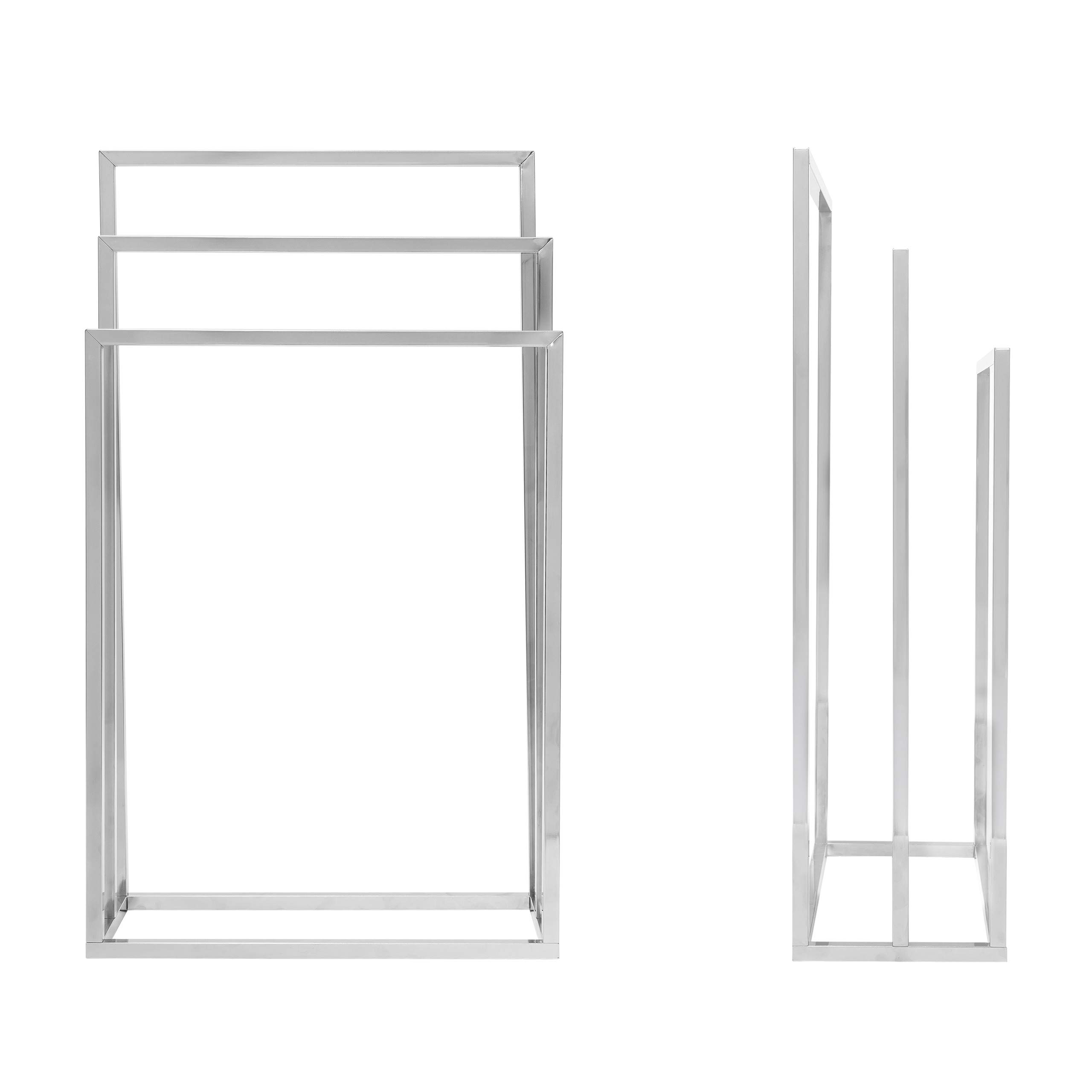 Relaxdays 10019256 Porte-serviettes sur pied avec base antidérapante 3 bras chromés en 3 hauteurs inox 82 x 46 x 21 cm support vêtement, gris argenté