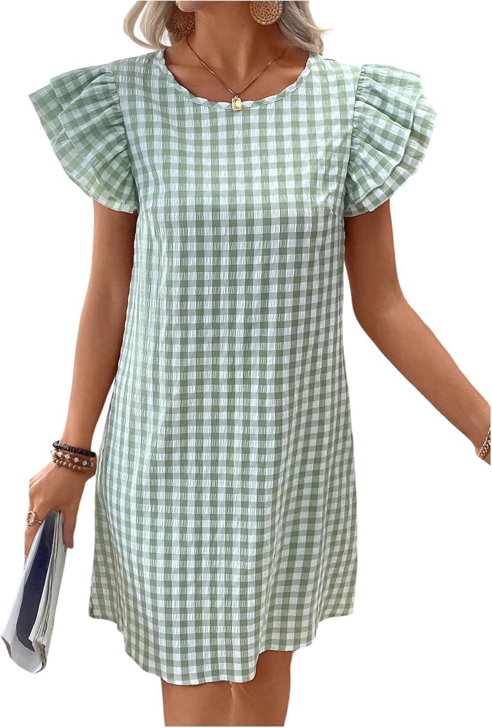 OYOANGLE Women's Gingham Ruffle Cap Sleeve Mini Dress Textured Crew Neck Short Tunic Summer Beach Vacation Dresses