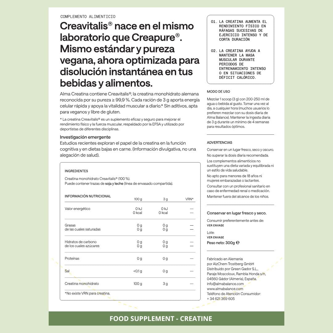 Creatina Monohidratada Creavitalis® ALMA® 300 g y 120 Gominolas de Creatina Creavitalis, Vitamina D3 y Espirulina Hidrolizada sabor limón | Versión Premium Creapure® Monohidrato en Polvo 99,9% Pureza