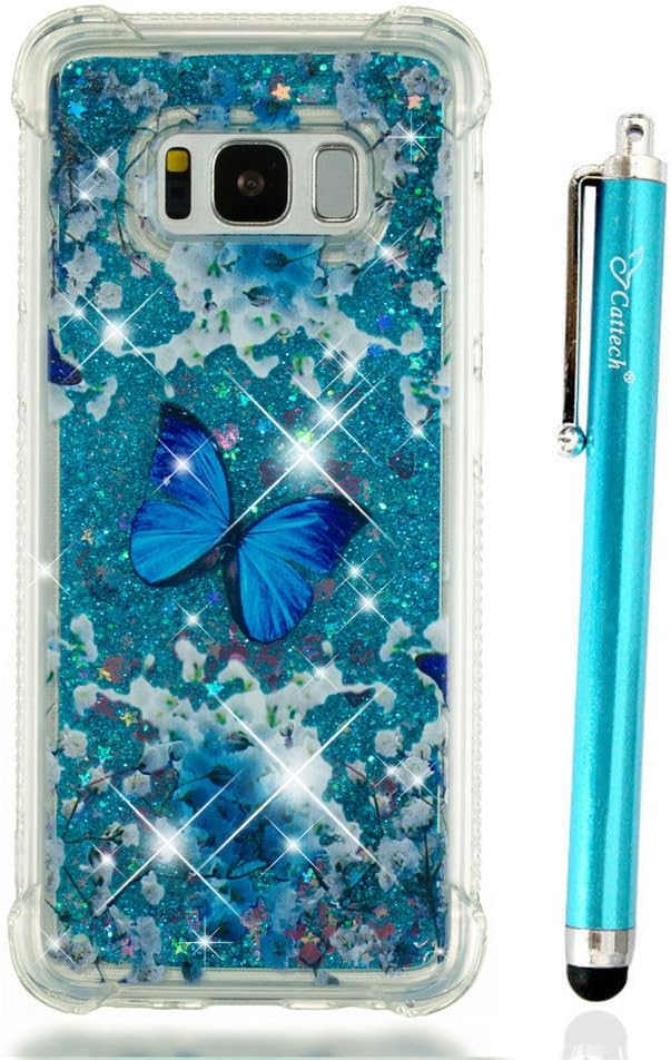 S8 Glitter Case,Galaxy S8 Clear Case, Cattech New Pattern Glitter Liquid Sparkle Floating Luxury Bling Quicksand [Drop Protection][Non-Slip] Slim Clear Soft TPU Cover for Samsung S8 (Blue Butterfly)