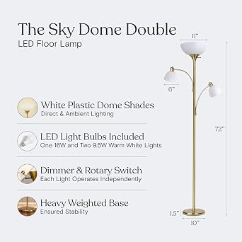 Brightech Sky Dome Double LED Floor lamp, Torchiere Super Bright Floor Lamp with 2 Reading Lamps for Living Rooms & Offices - Dimmable Tall Standing Lamp for Bedroom Reading - Tall Brass Pole