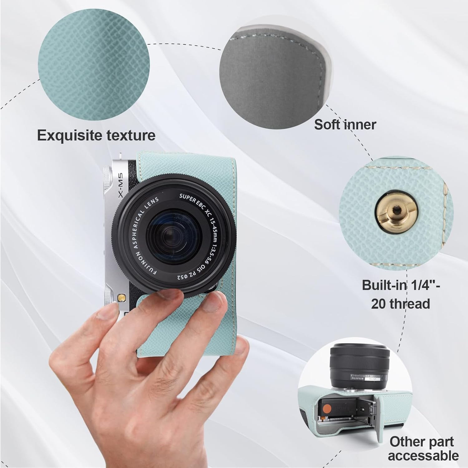 VOVMOEYA Protective Camera Case Kit for Fujifilm XM5 Mirrorless Camera,For Fuji XM5 Half Case Fuji X-M5 Camera Cover With Front Lens Cap With Shoulder Strap-BLUE