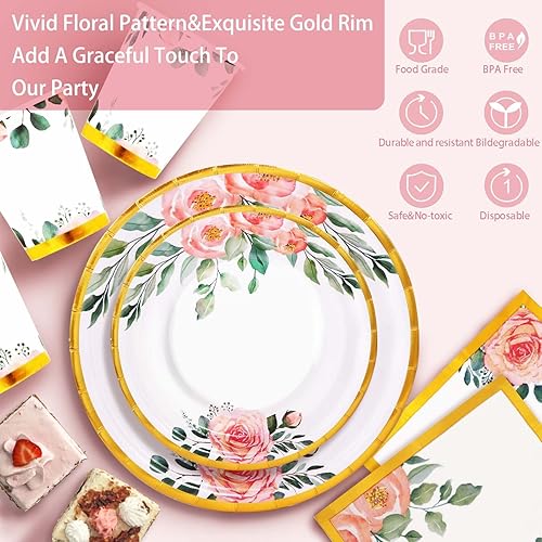 Miniatura 3 de Juego de 350 platos de papel floral, platos desechables florales con borde dorado para 50 invitados, suministros de fiesta floral para adultos,
