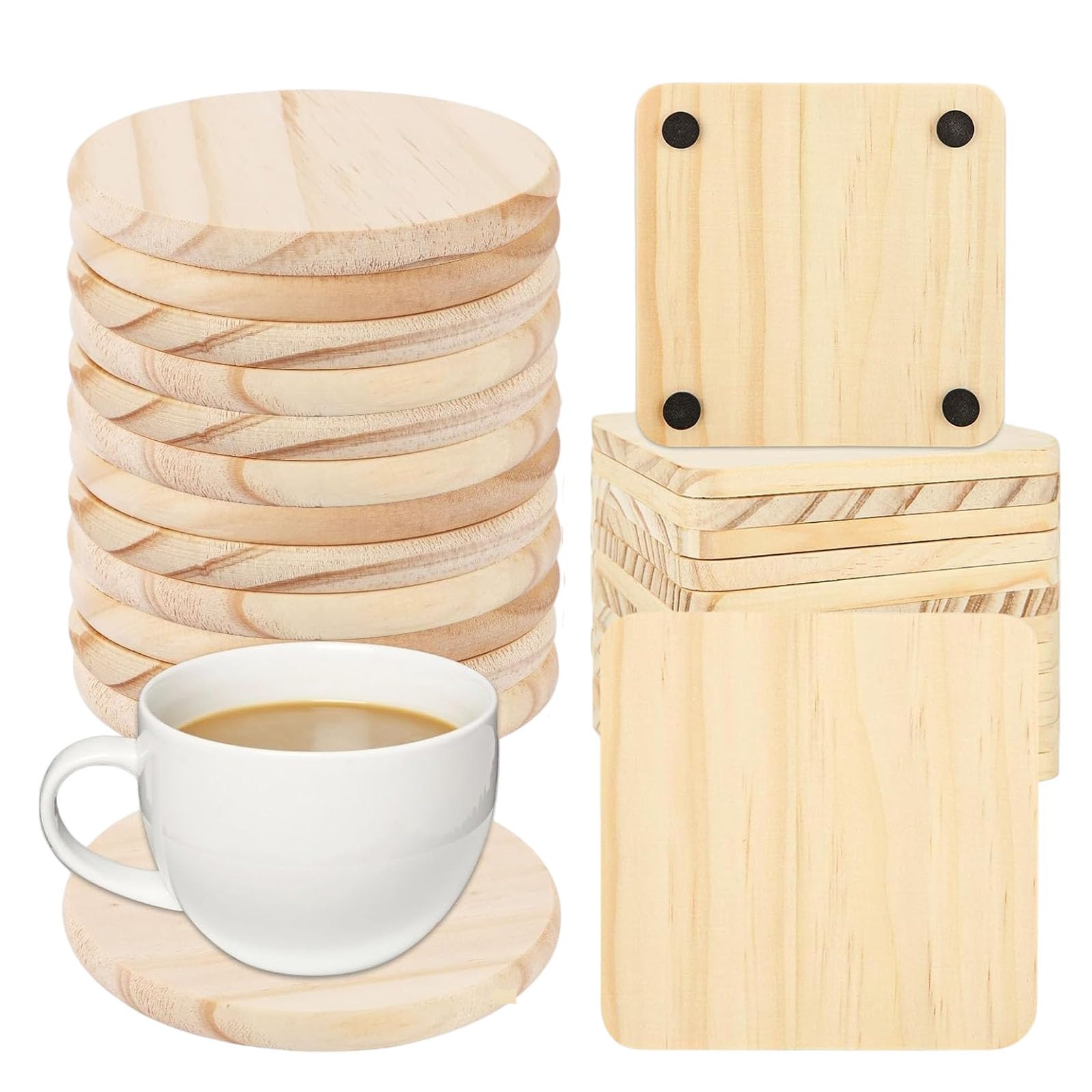 30PCS Wooden Coasters for Craft, 4 Inch Square and Round Wood Coasters Bulk