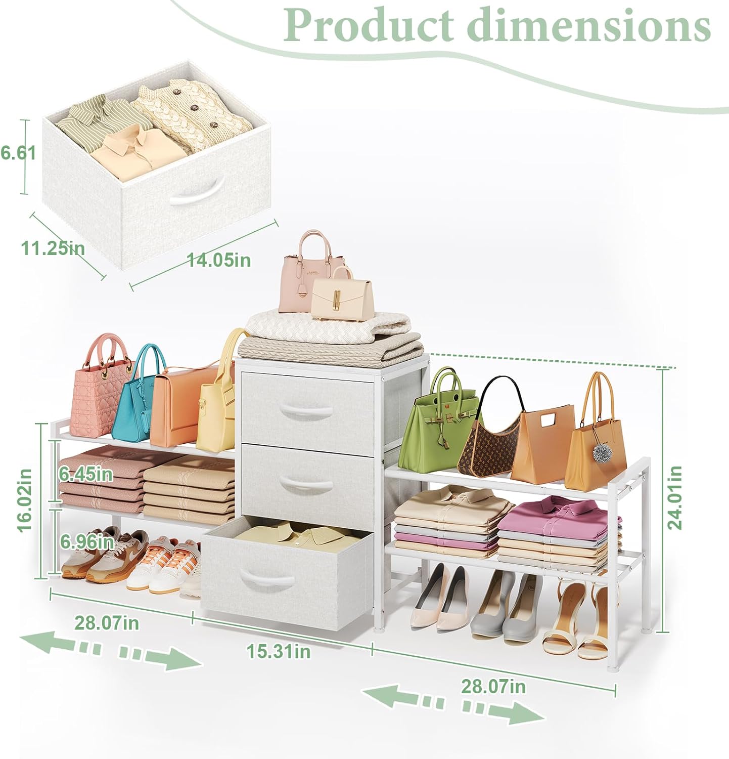 Expandable Closet Organizers and Storage,Wide Long 3 Drawer Dresser,White Fabric Storage Dresser, Clothes Shelves for Kids, Purse Organizer Small Shoe Rack for Closet Bedroom(47.24~71.47in)