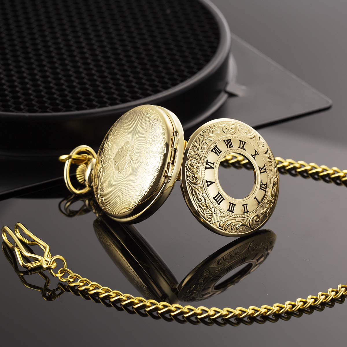 ManChDa Relojes de Bolsillo mecánicos de Doble Cubierta con números Romanos, Esfera de Esqueleto Grabado, con Caja y Cadena, Grabado Personalizado