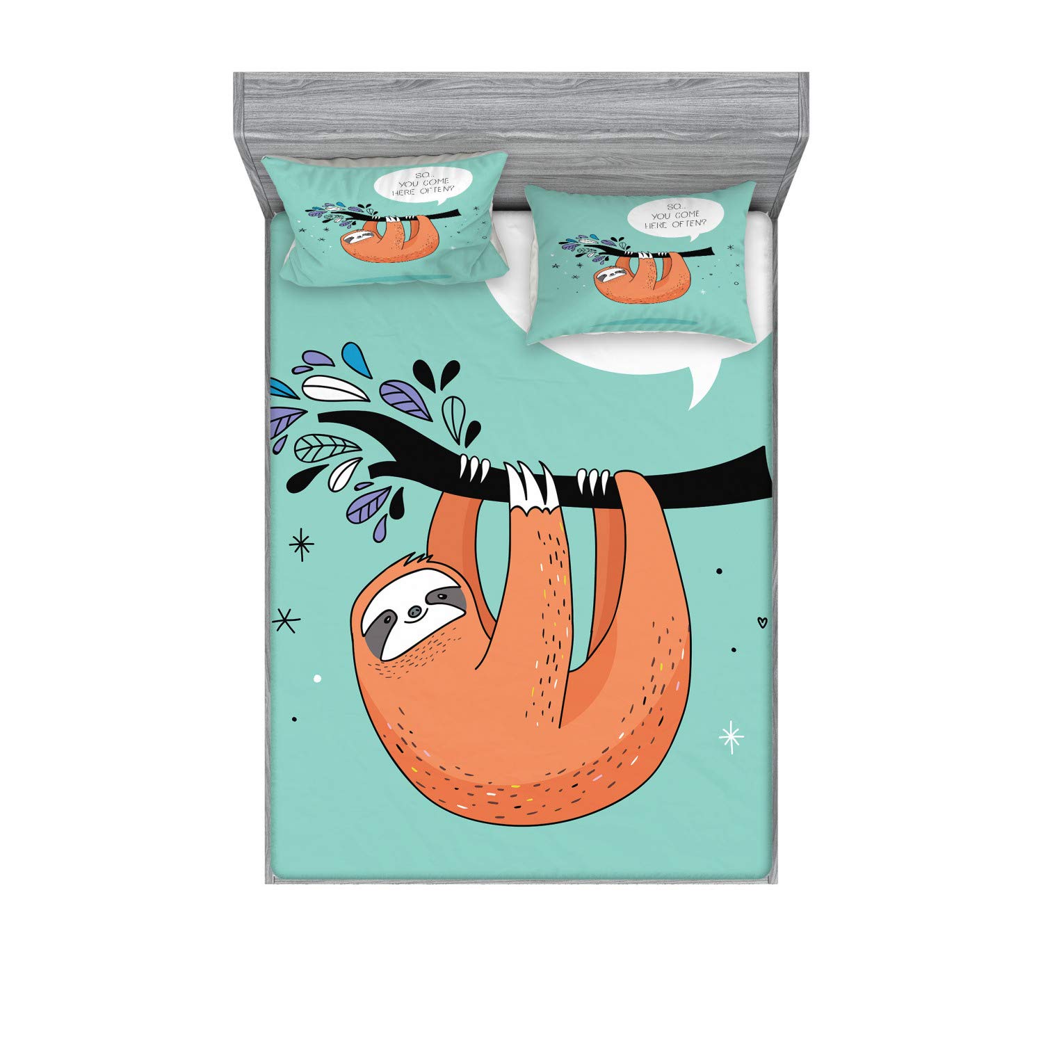 Ambesonne Animal Fitted Sheet & Pillow Sham Set, Cartoon Design Print Sloth a Flirty Words So You Come Here Often Color Image, Decorative Printed 3 Piece Bedding Decor Set, King, Seafoam Orange