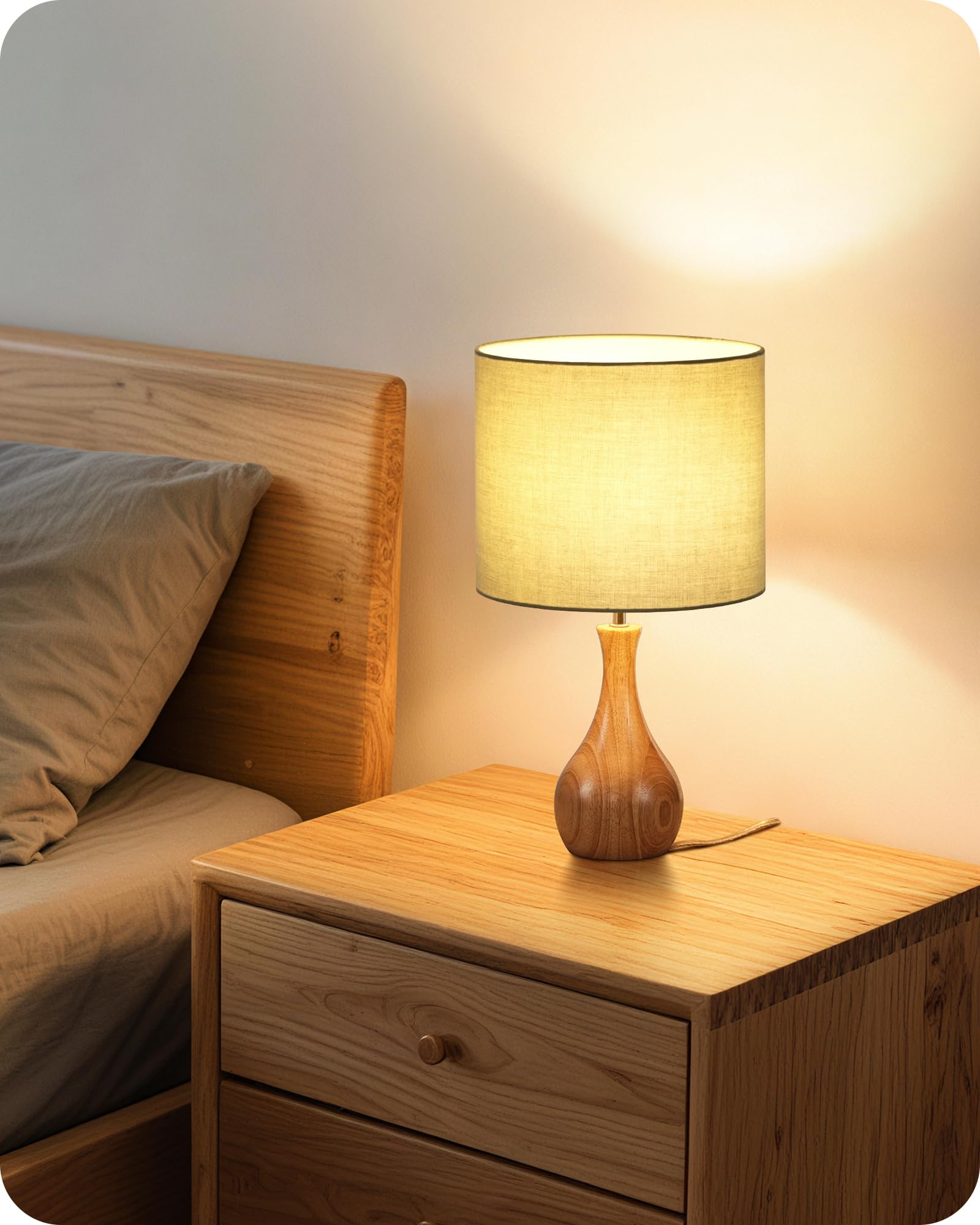 Lámpara de Mesita de Noche de Madera Verde | Maciza con Base en Forma de Botella, Pantalla de Lino, Incluye una Bombilla LED 2700K, para Sala de Estar, Dormitorio